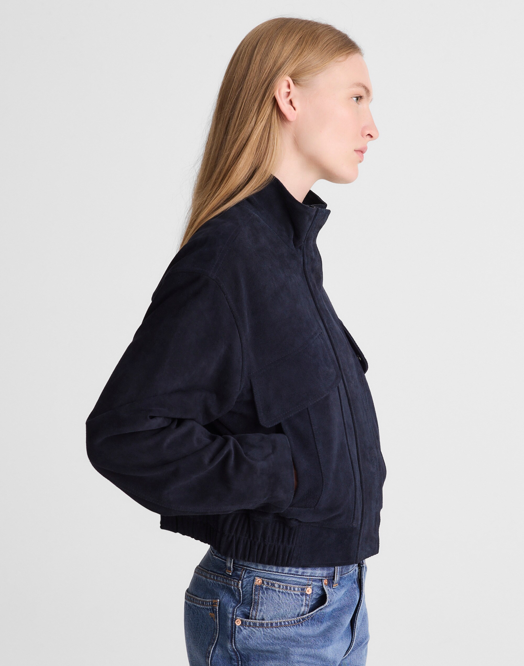 Funnel-Neck Utility Jacket in Suede