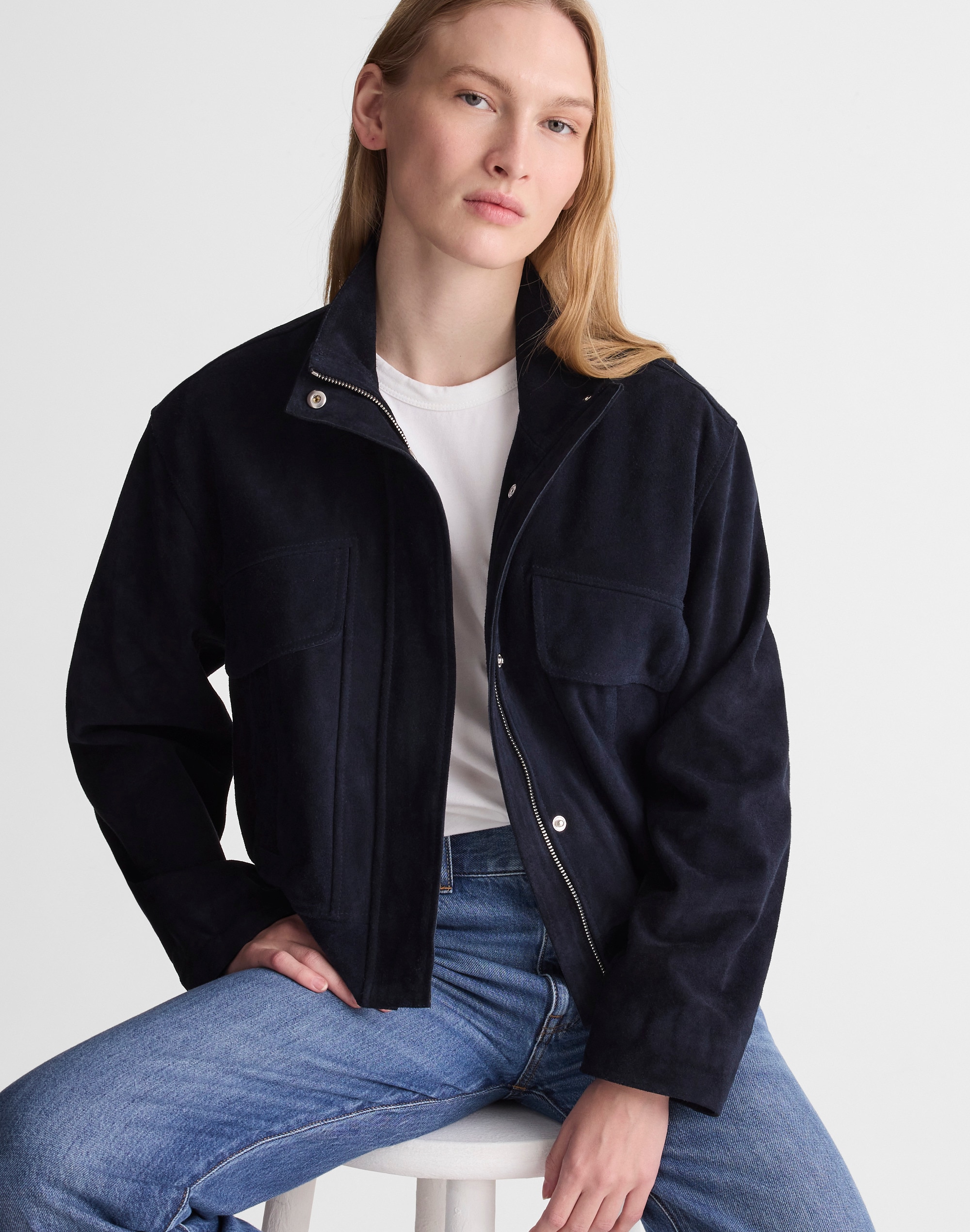 Funnel-Neck Utility Jacket in Suede