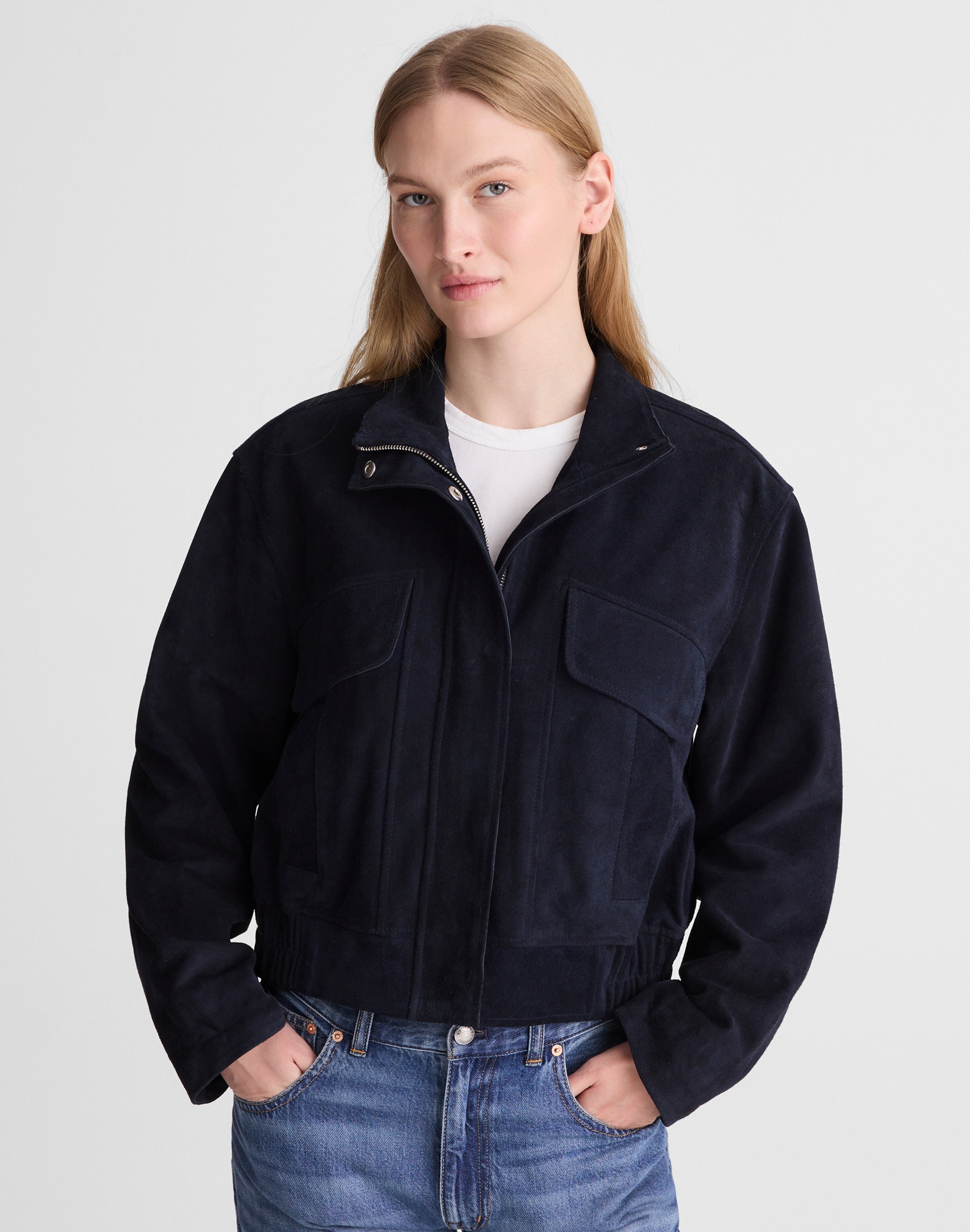 Funnel-Neck Utility Jacket in Suede