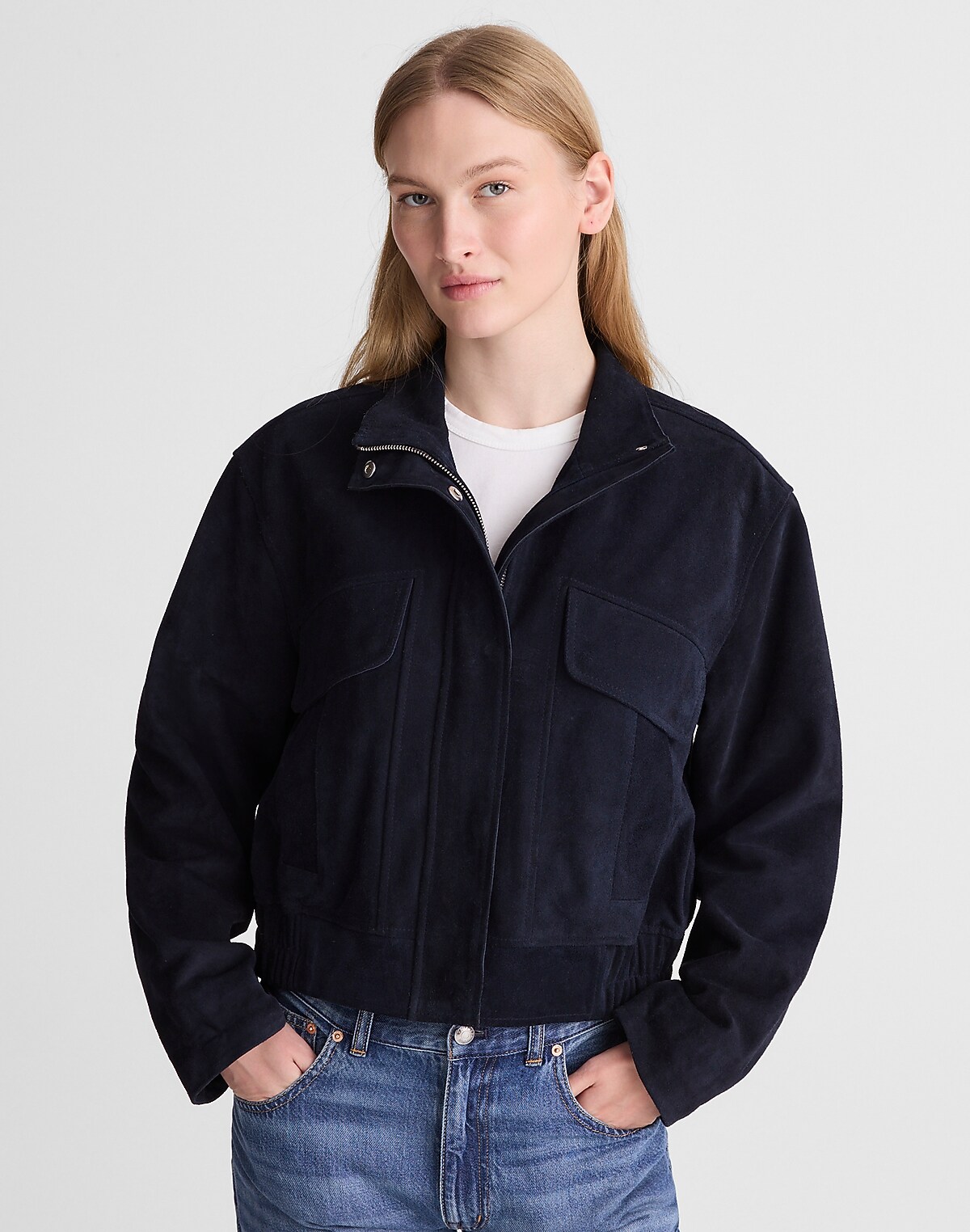 Funnel-Neck Utility Jacket in Suede