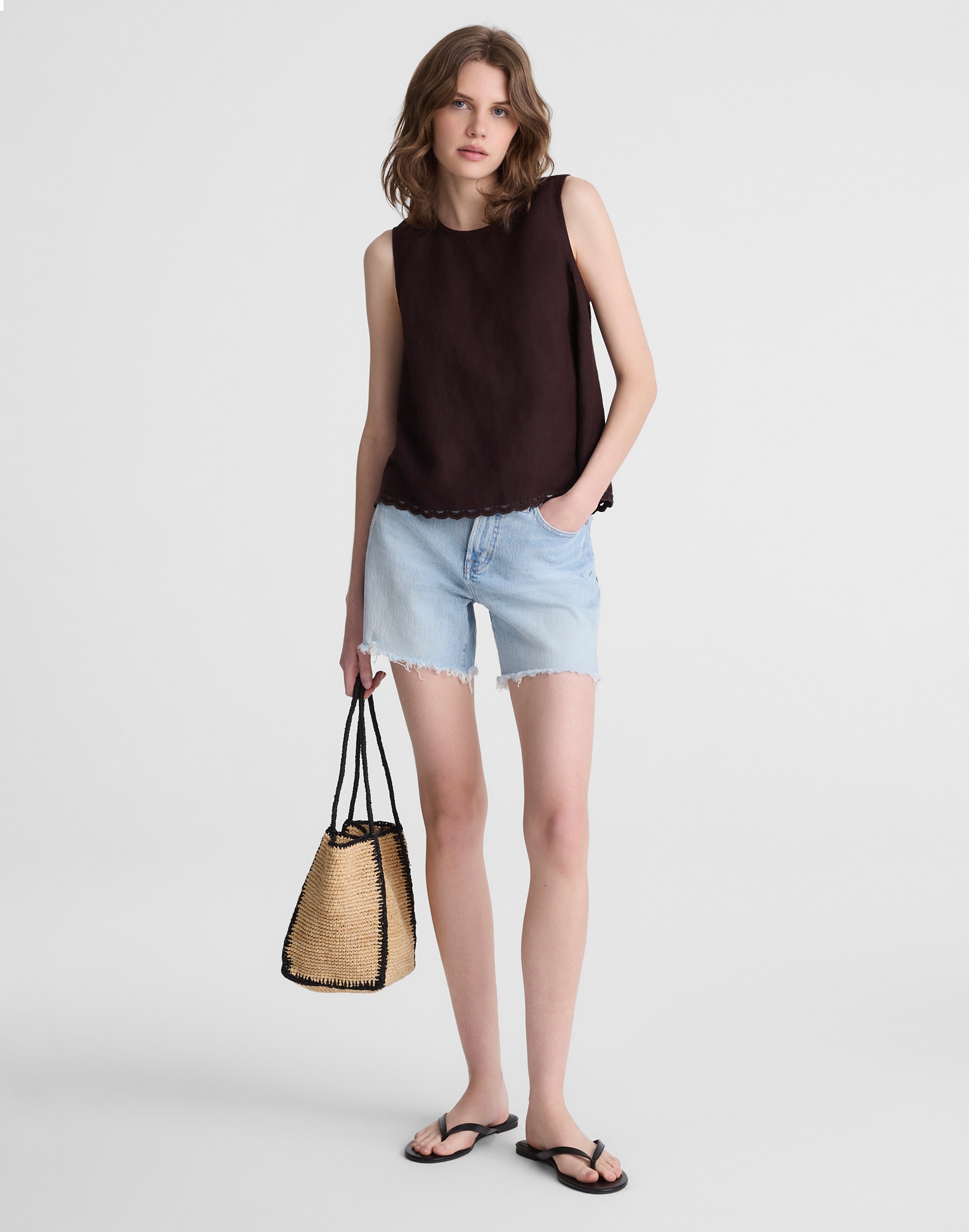 Lace-Trim Shell Top in 100% Linen