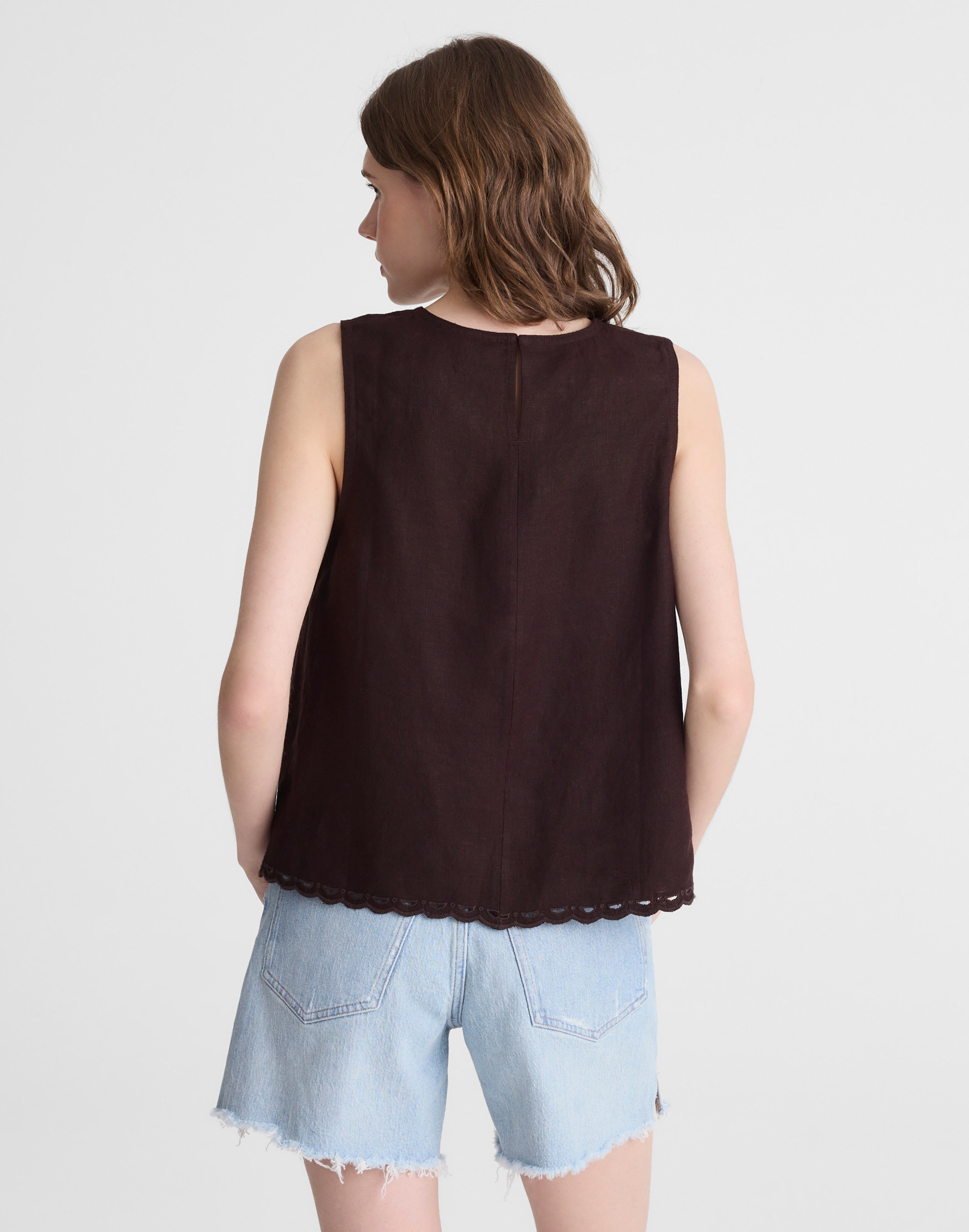 Lace-Trim Shell Top in 100% Linen