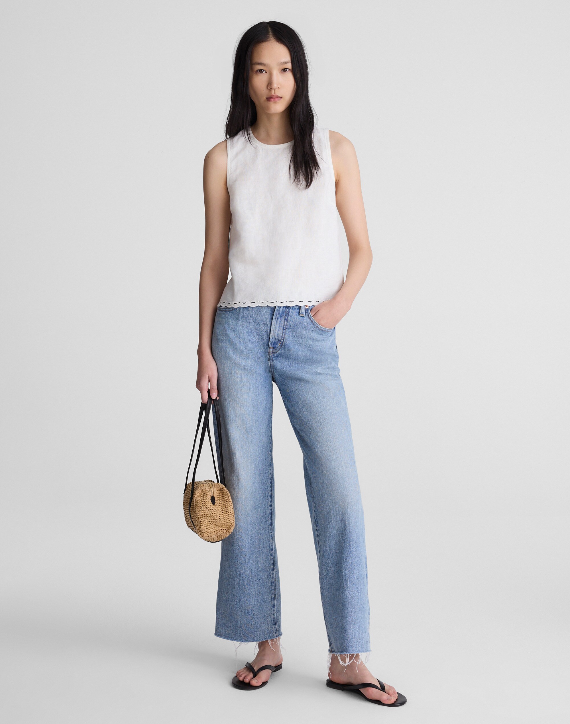 Lace-Trim Shell Top in 100% Linen