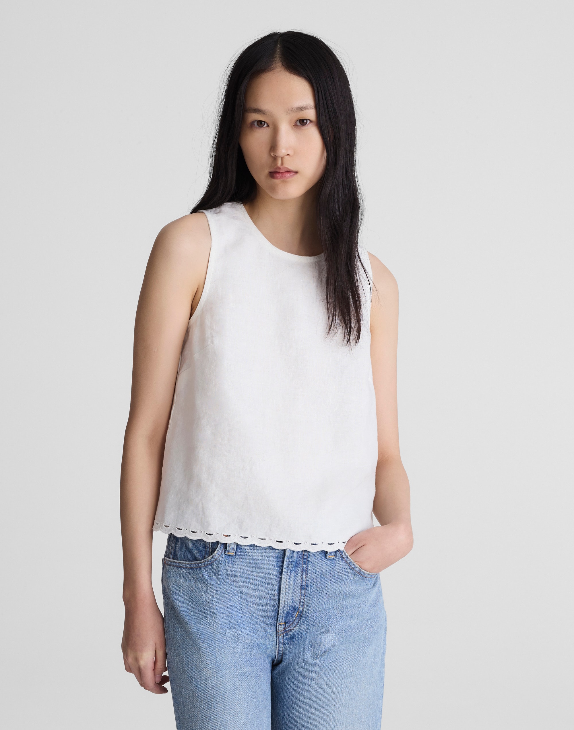Lace-Trim Shell Top in 100% Linen