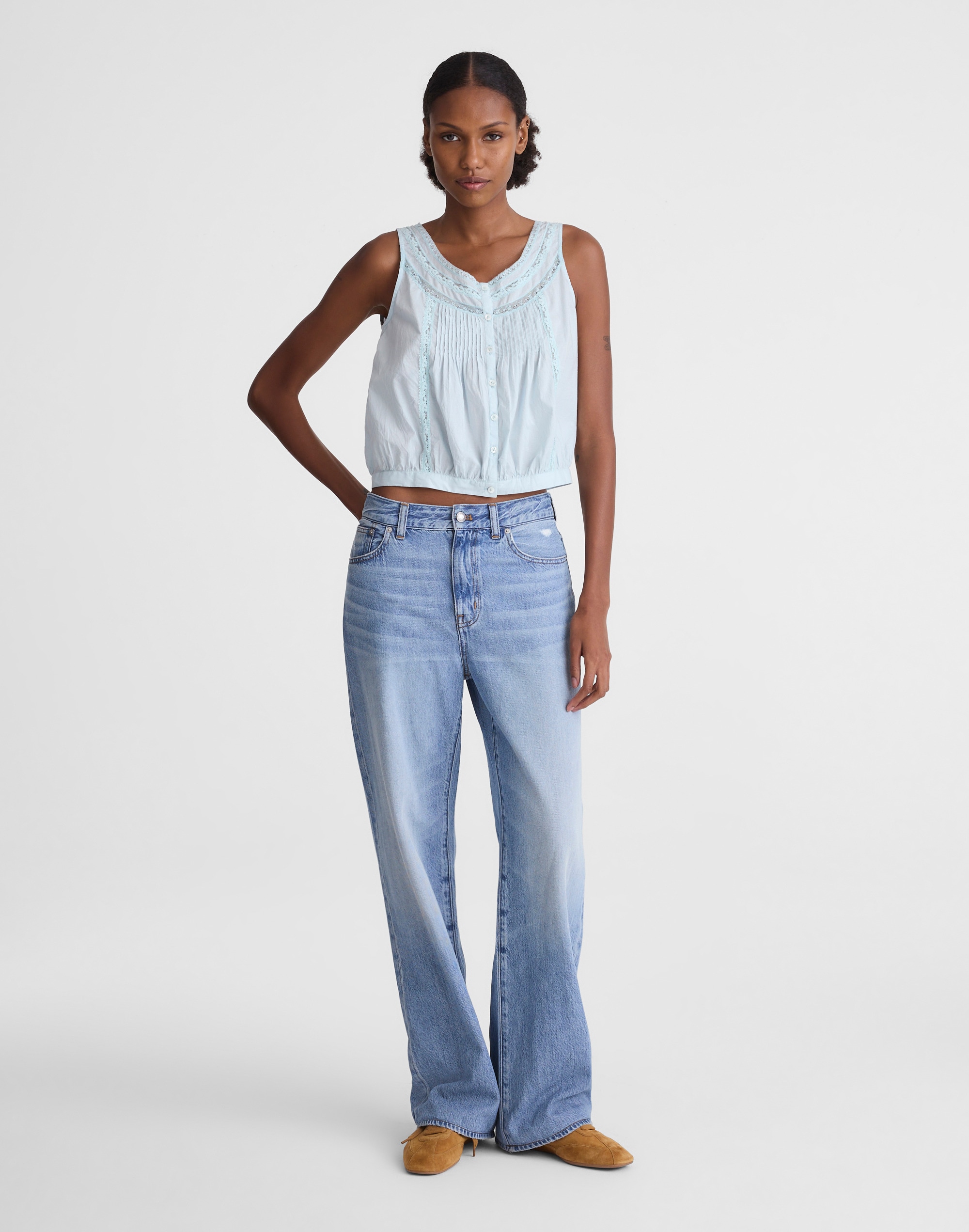 Lace-Insert Pintuck Sleeveless Top