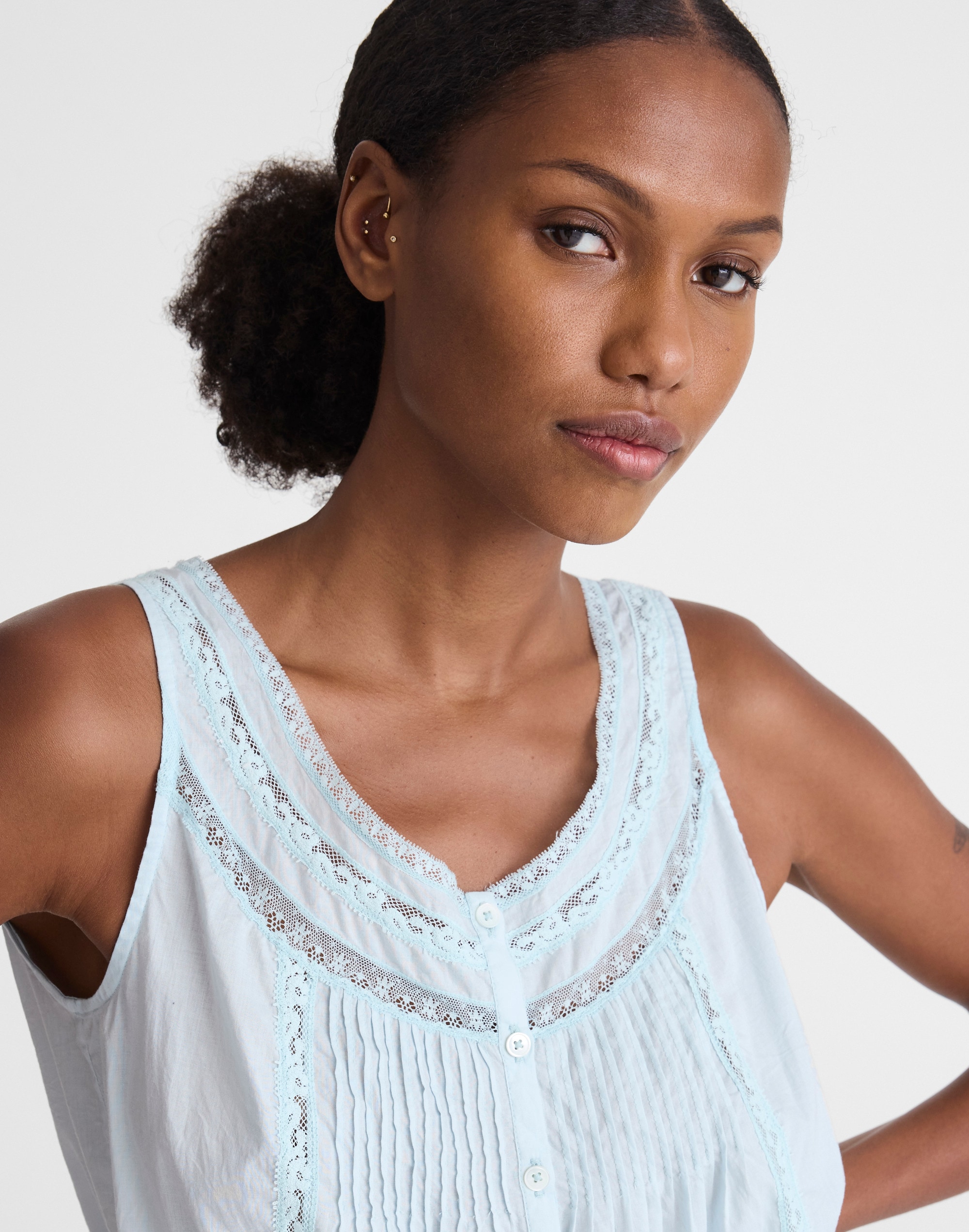 Lace-Insert Pintuck Sleeveless Top