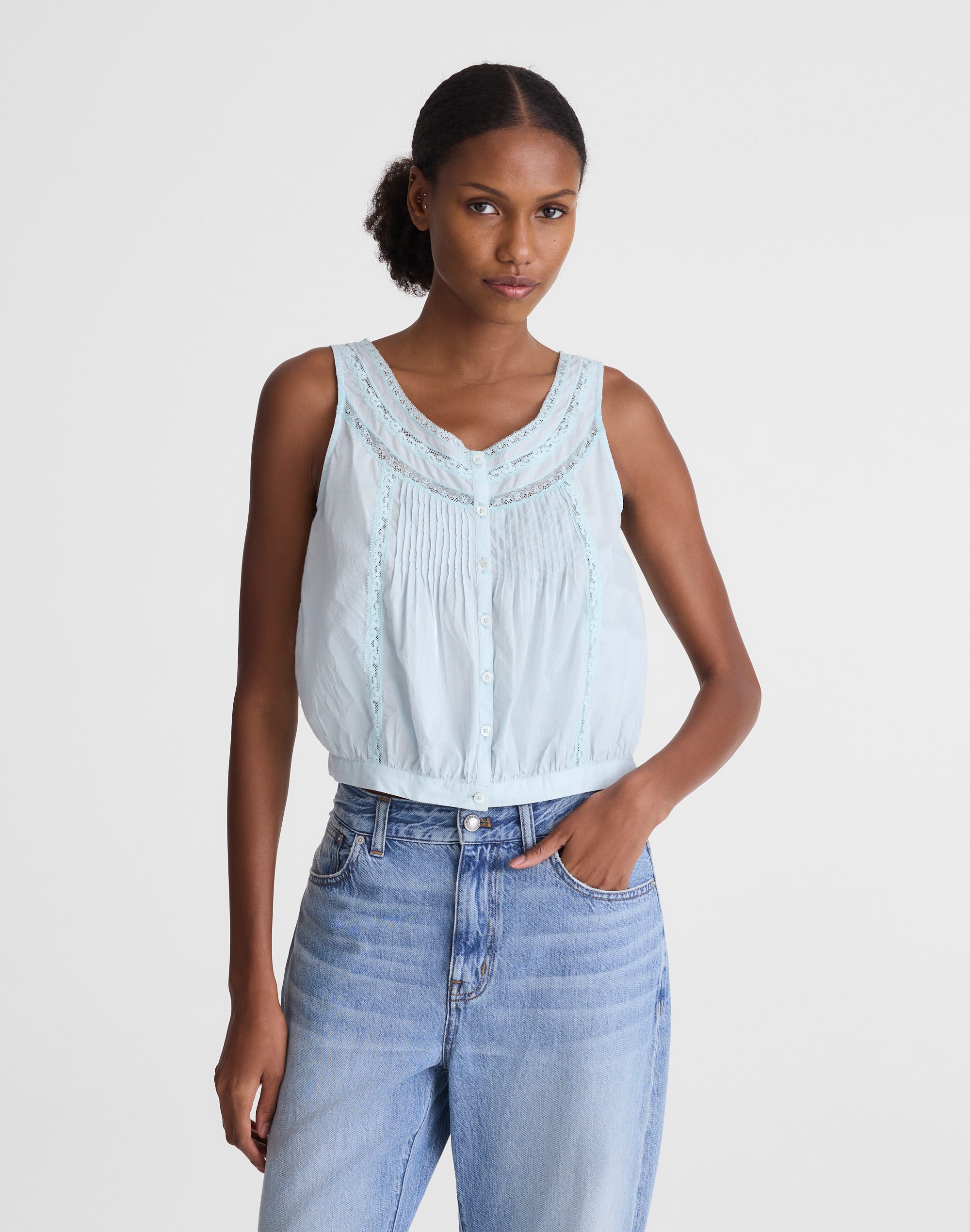 Lace-Insert Pintuck Sleeveless Top