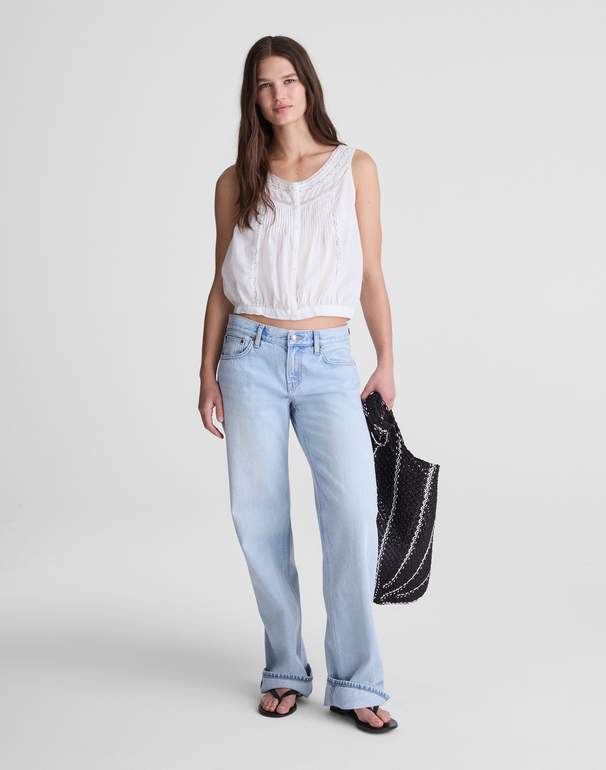 Lace-Insert Pintuck Sleeveless Top