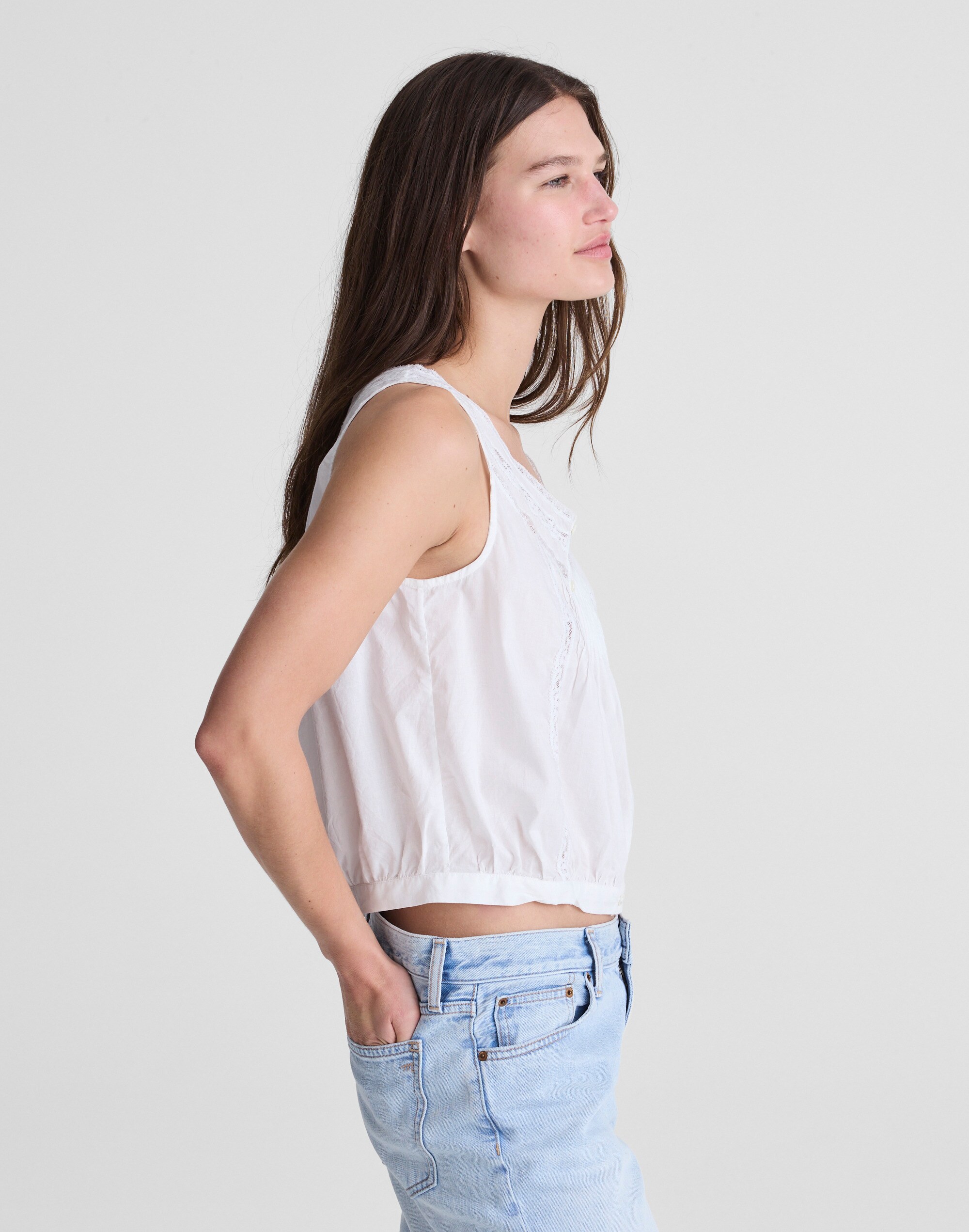 Lace-Insert Pintuck Sleeveless Top