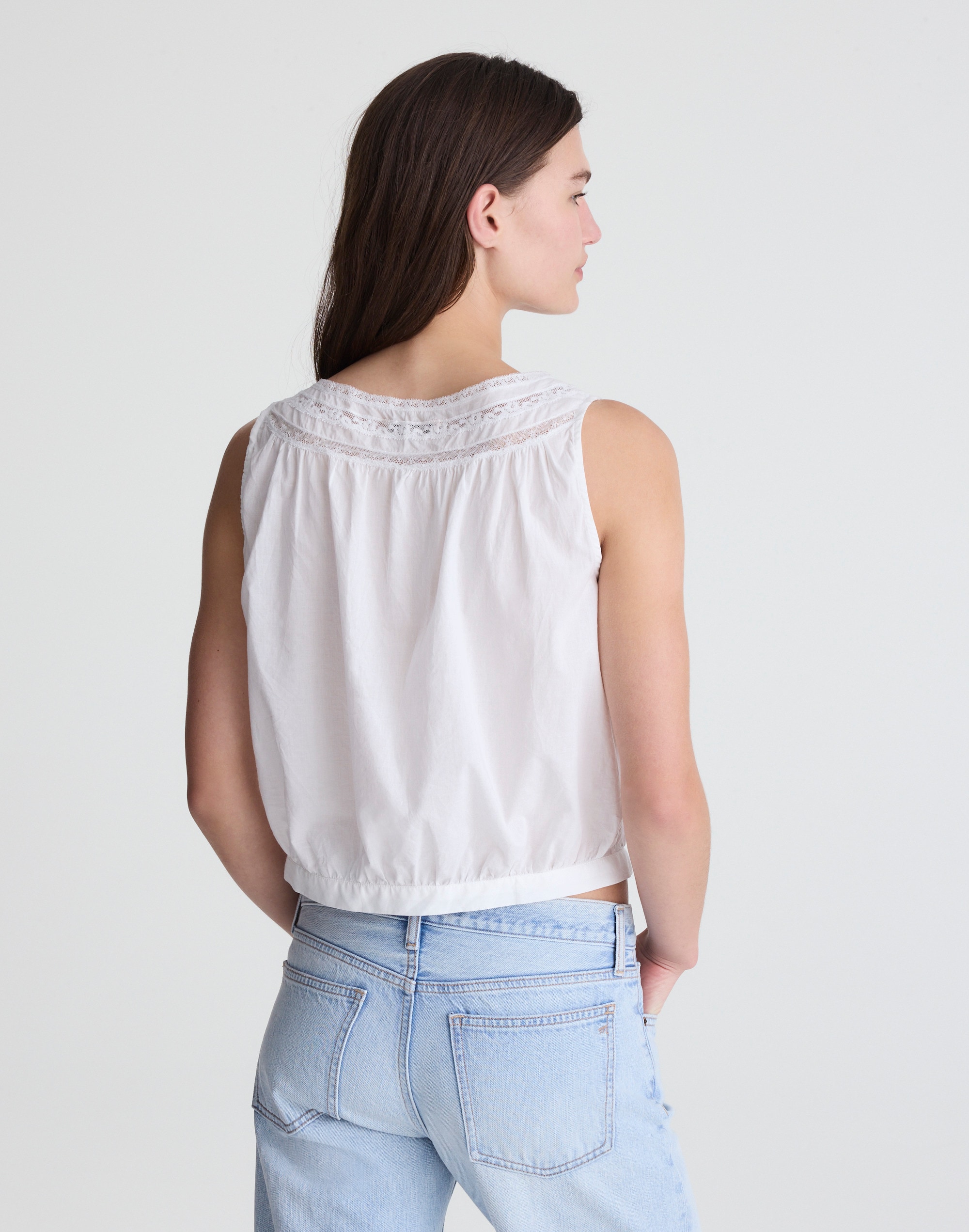 Lace-Insert Pintuck Sleeveless Top