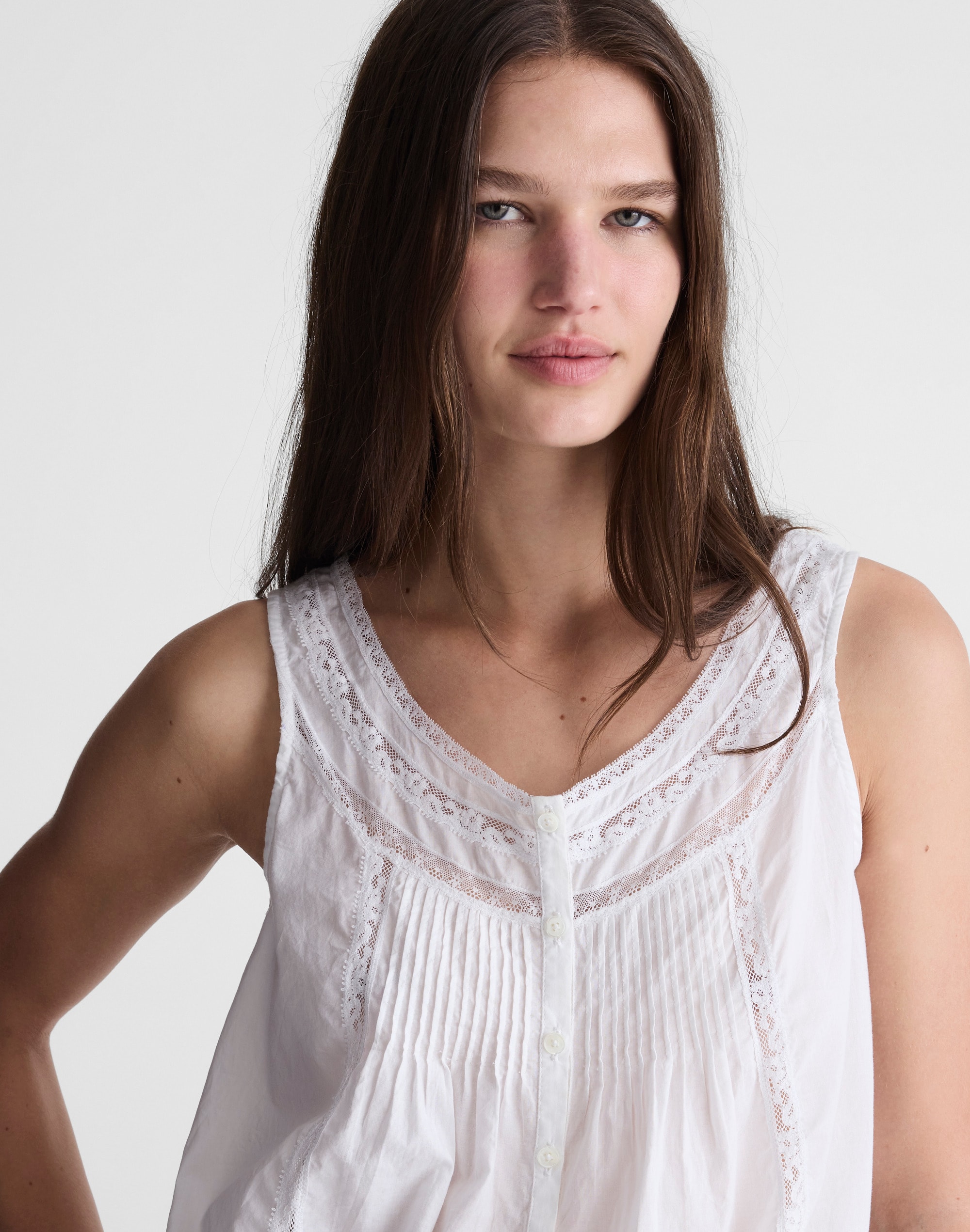 Lace-Insert Pintuck Sleeveless Top