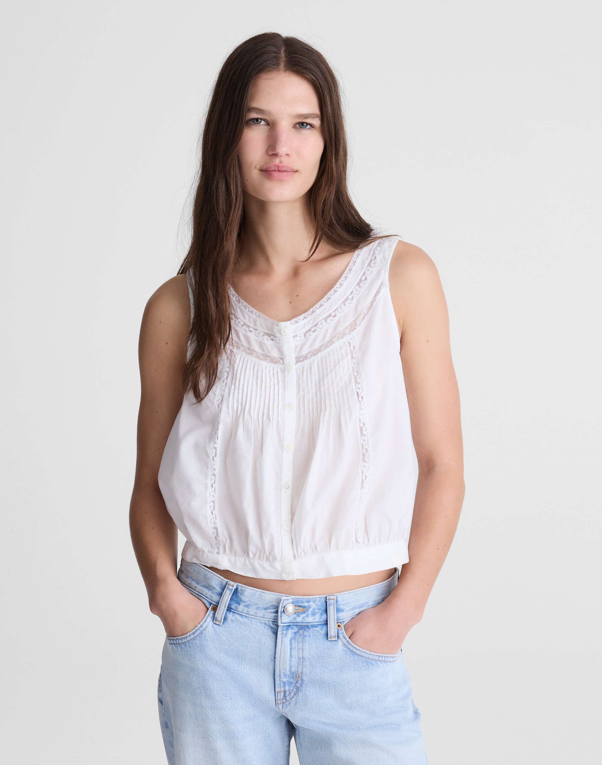 Lace-Insert Pintuck Sleeveless Top