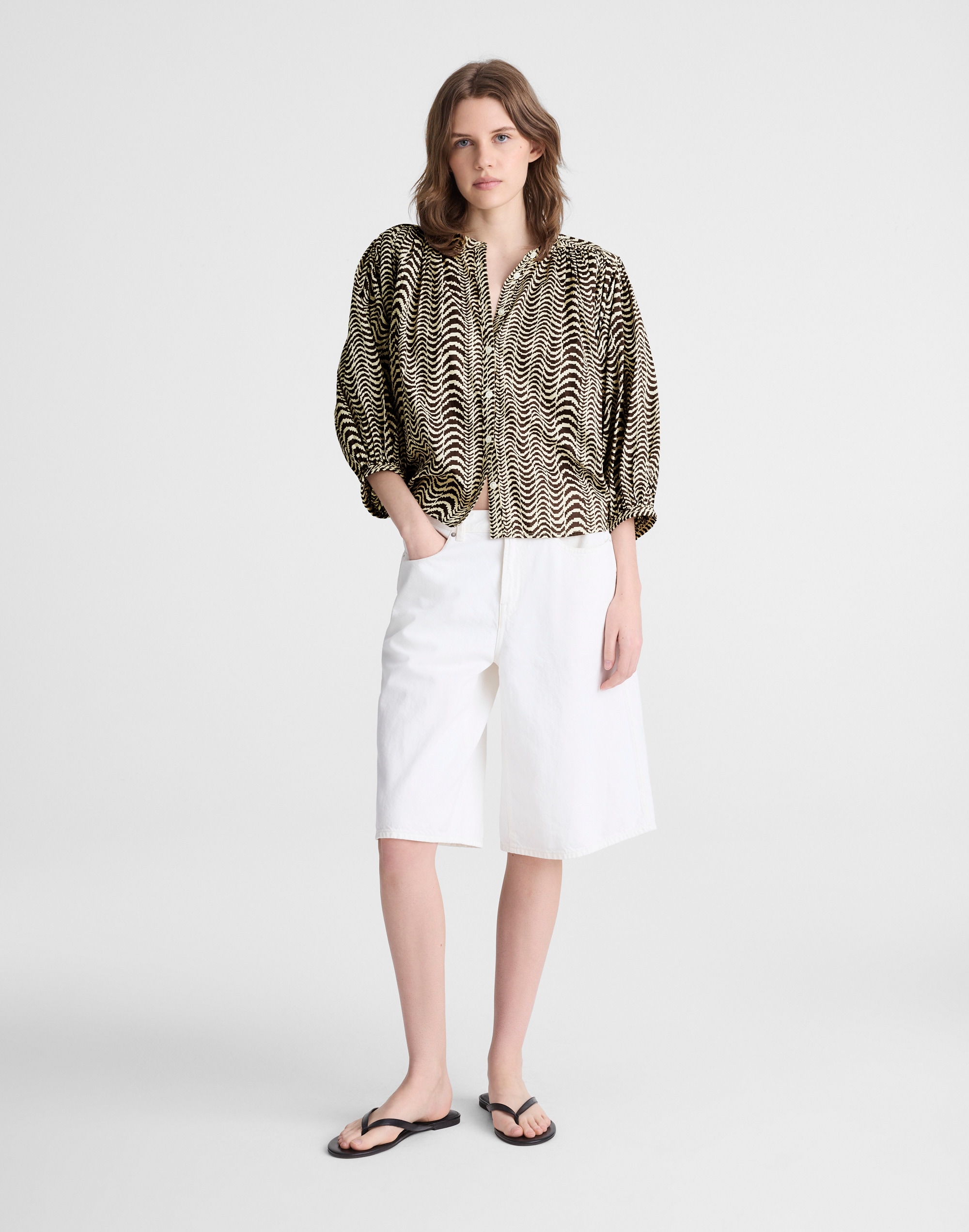 Shirred Crewneck Button-Up Top