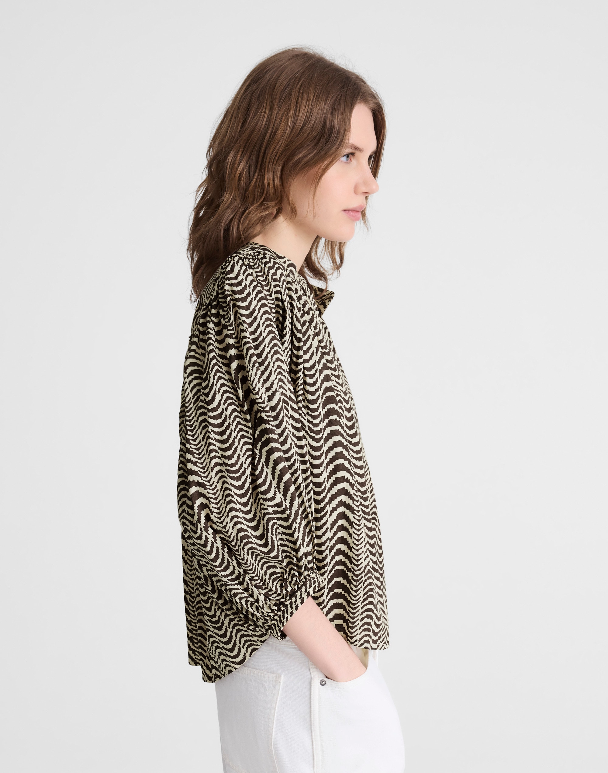 Shirred Crewneck Button-Up Top