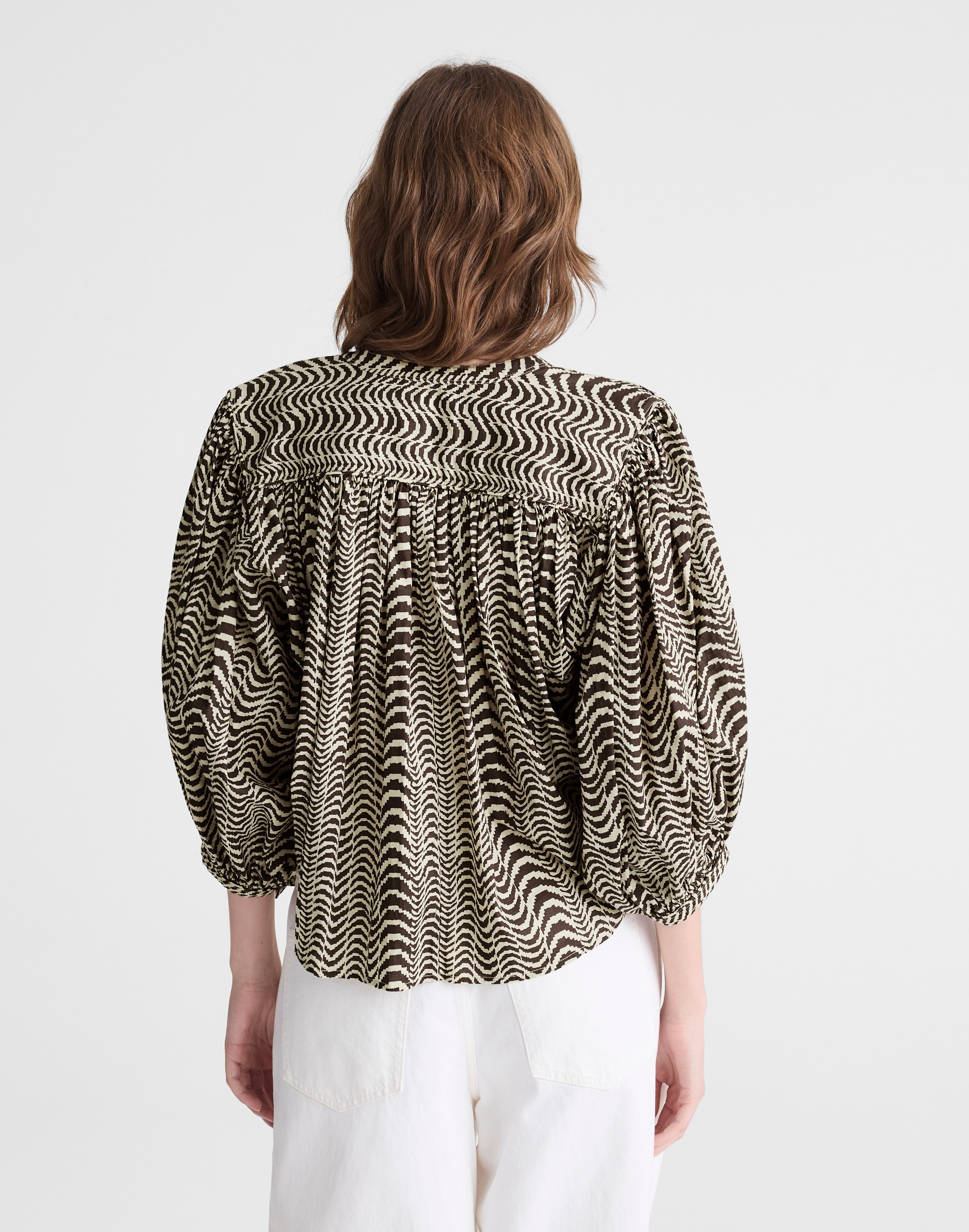 Shirred Crewneck Button-Up Top