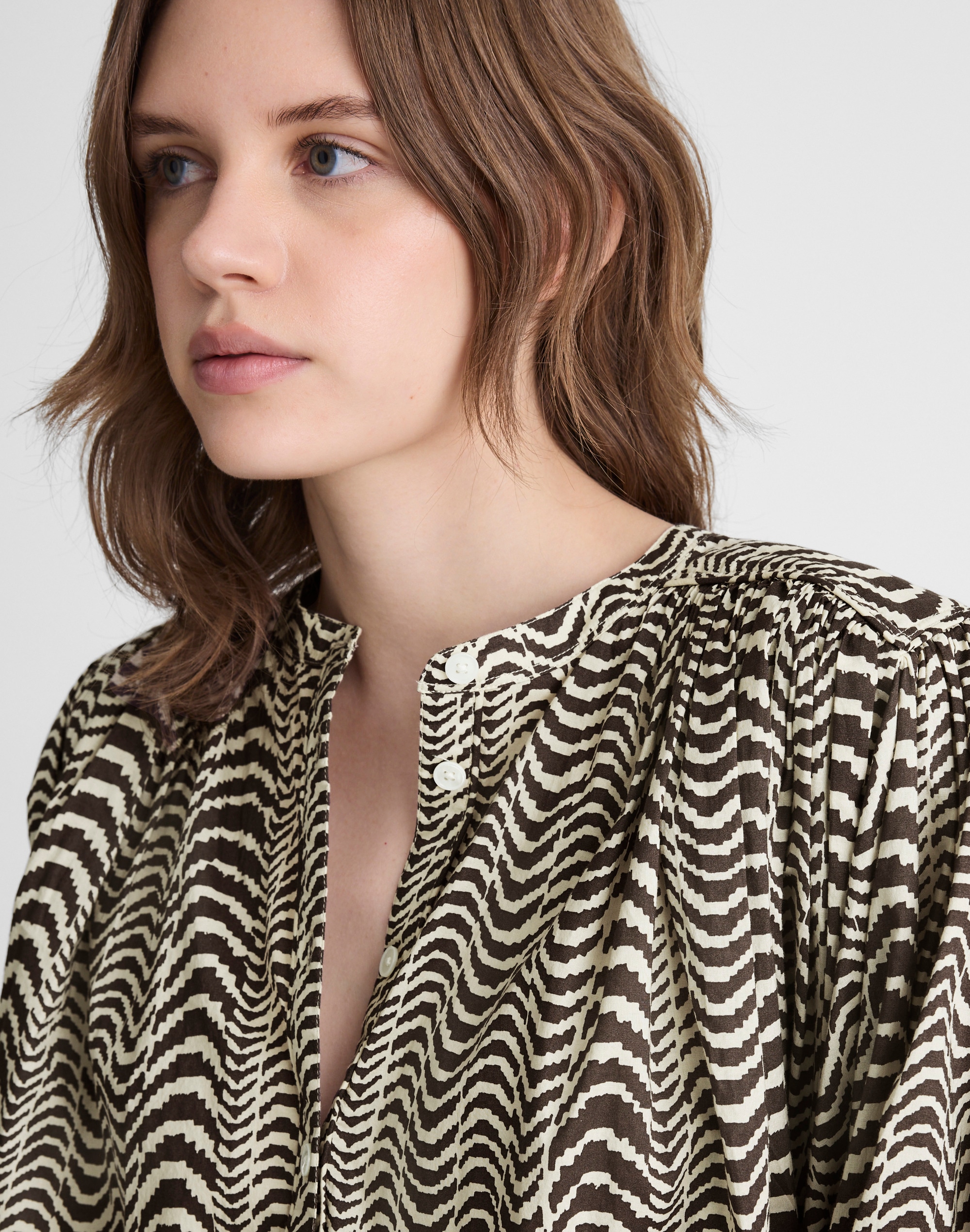 Shirred Crewneck Button-Up Top