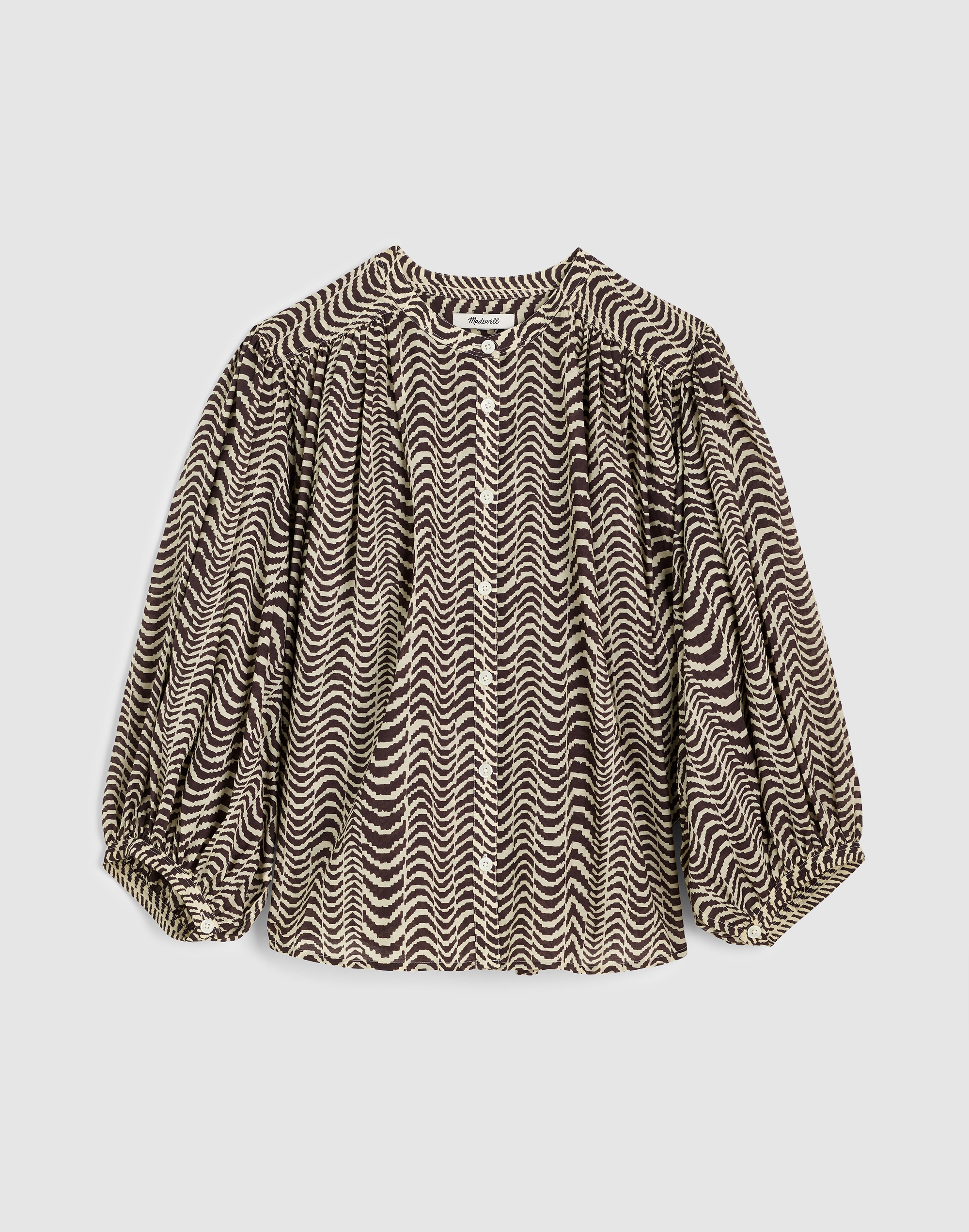 Shirred Crewneck Button-Up Top