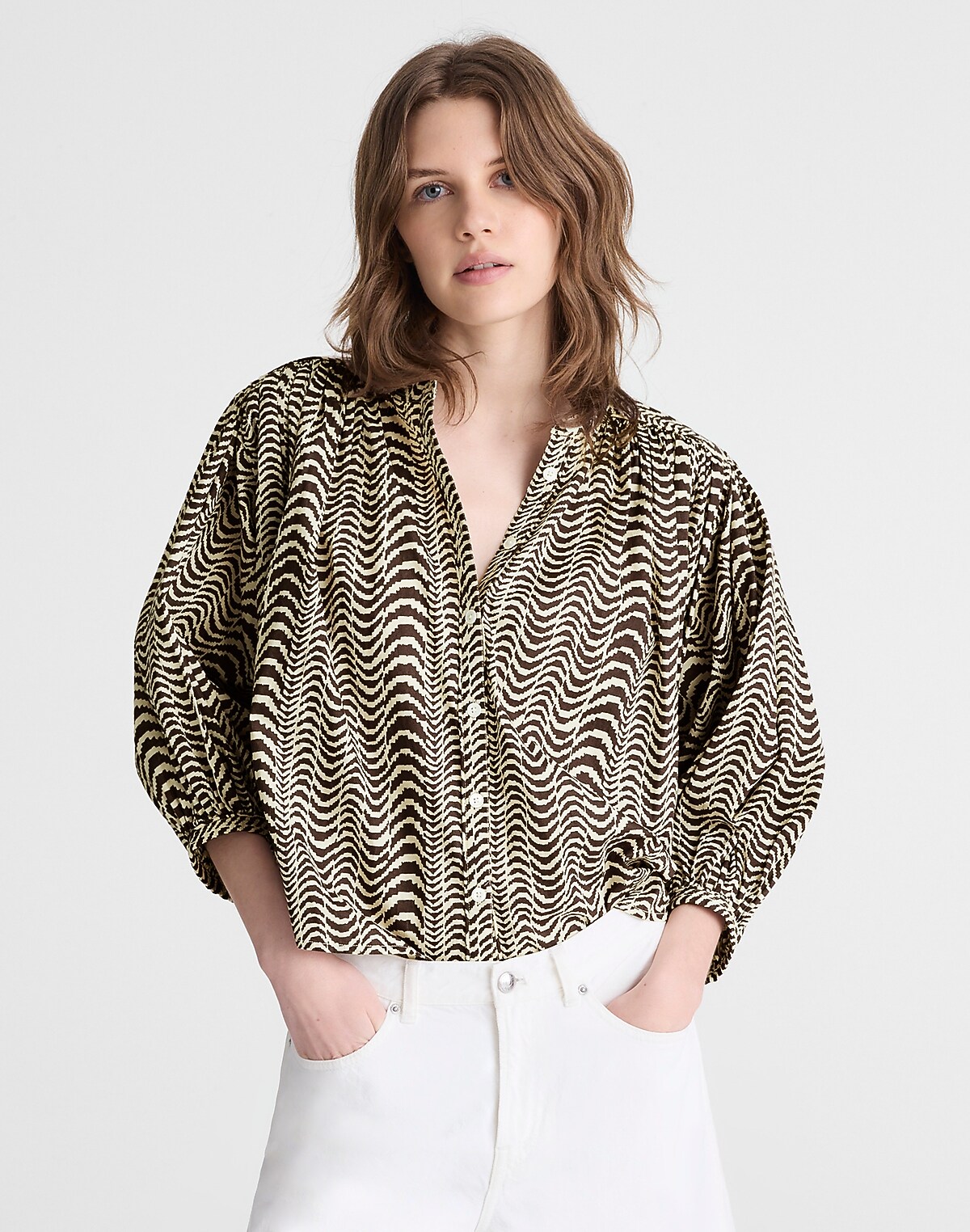 Shirred Crewneck Button-Up Top
