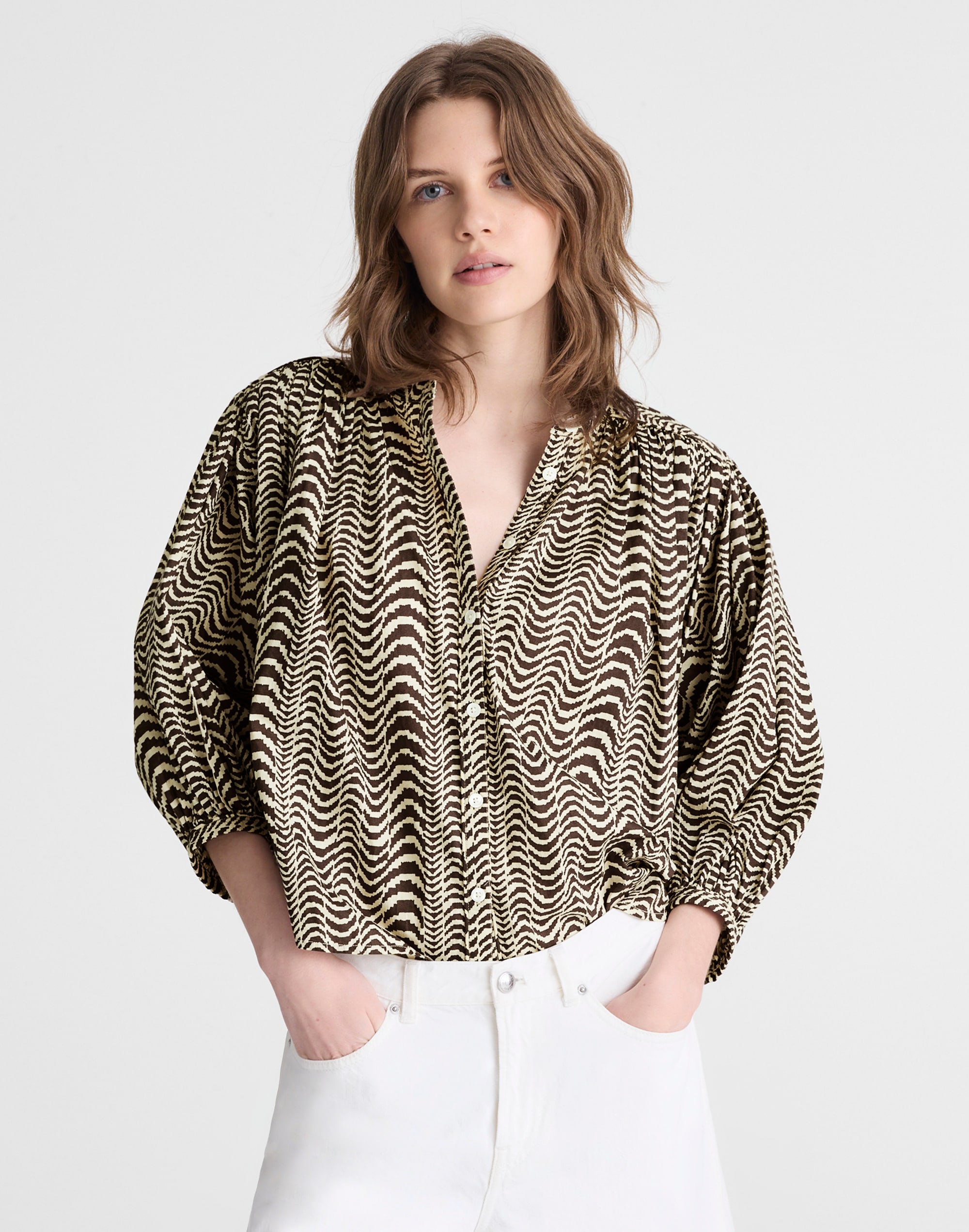 shirred crewneck button-up top