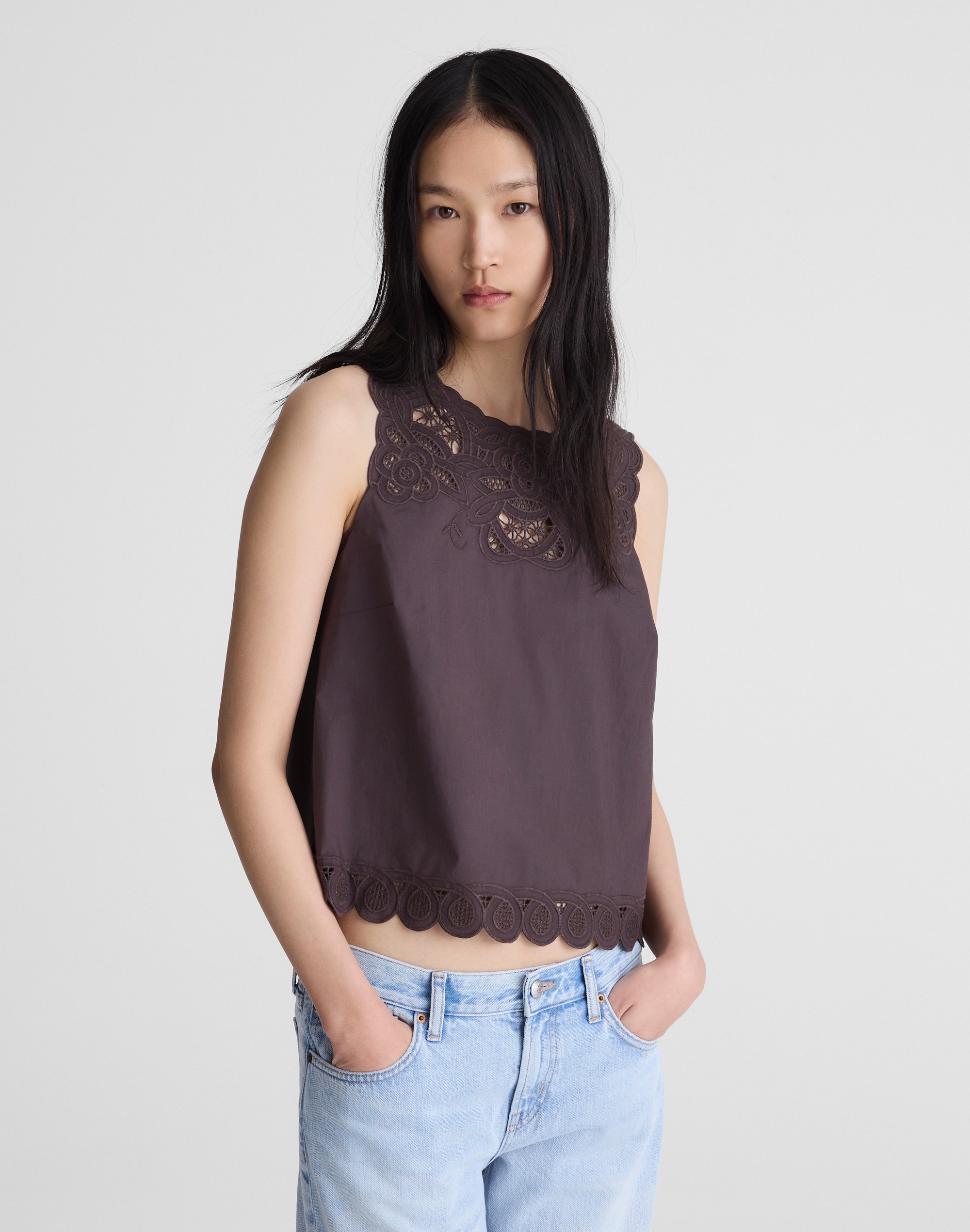 Embroidered Shell Top in Poplin