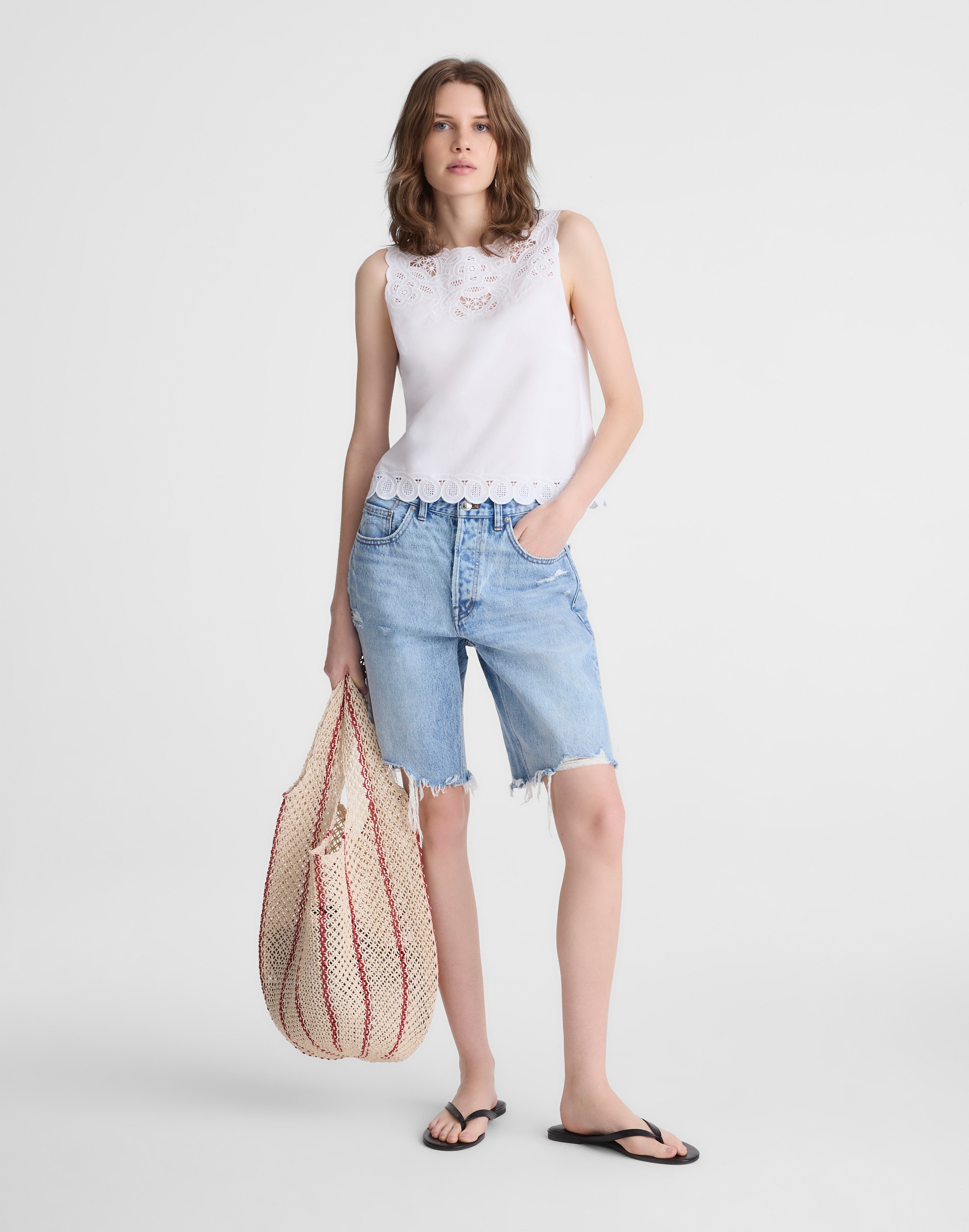 Embroidered Shell Top in Poplin