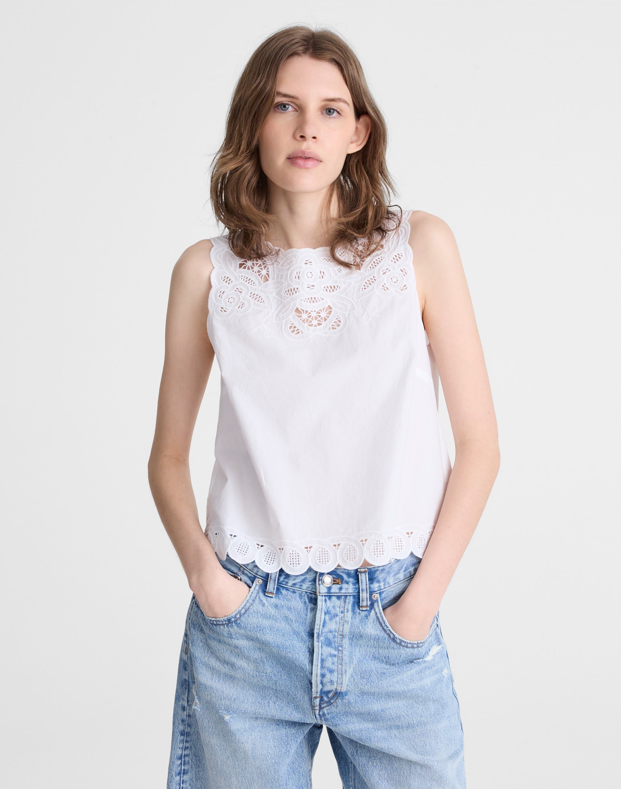 Embroidered Shell Top in Poplin
