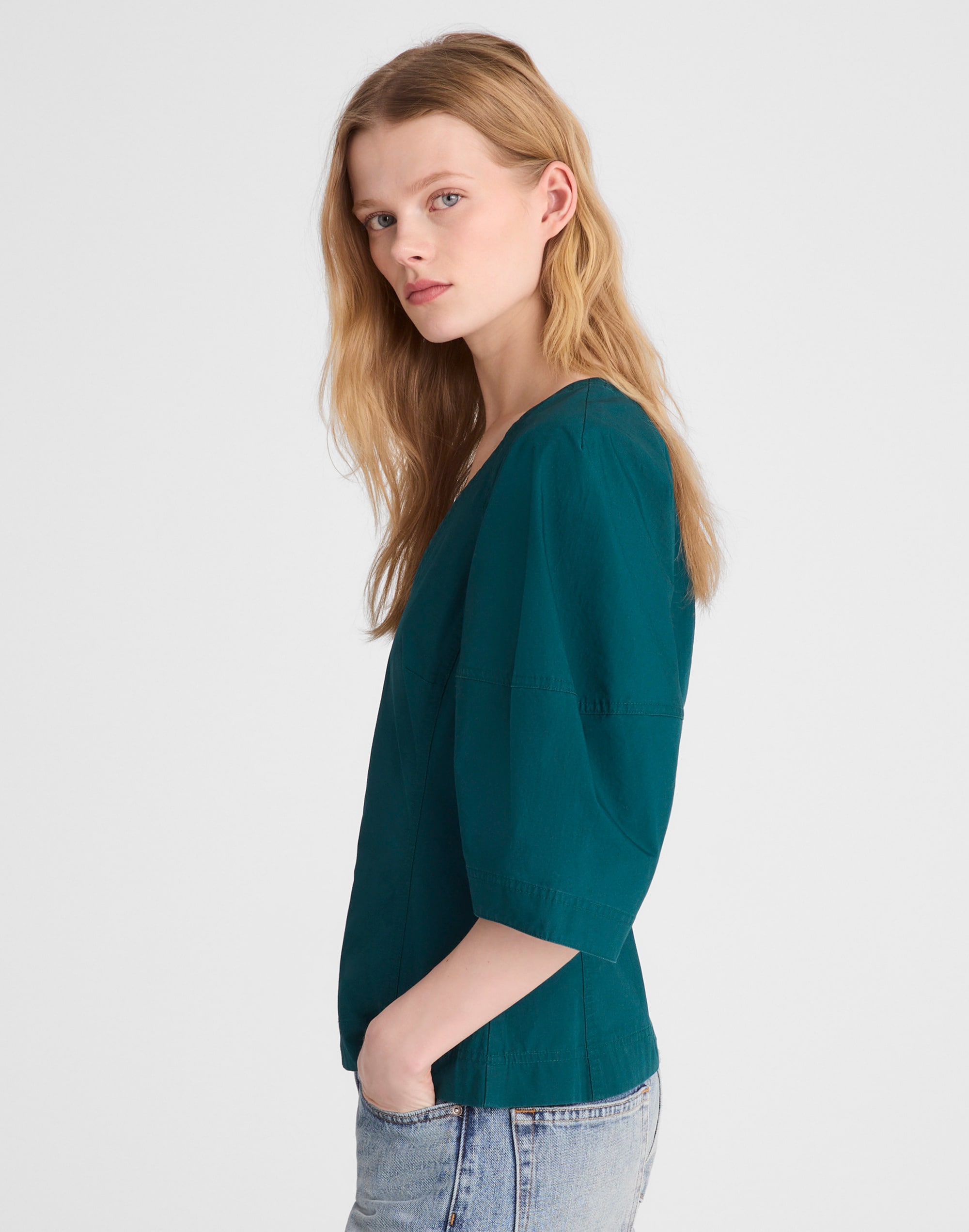 Sculptural V-Neck Top in Poplin