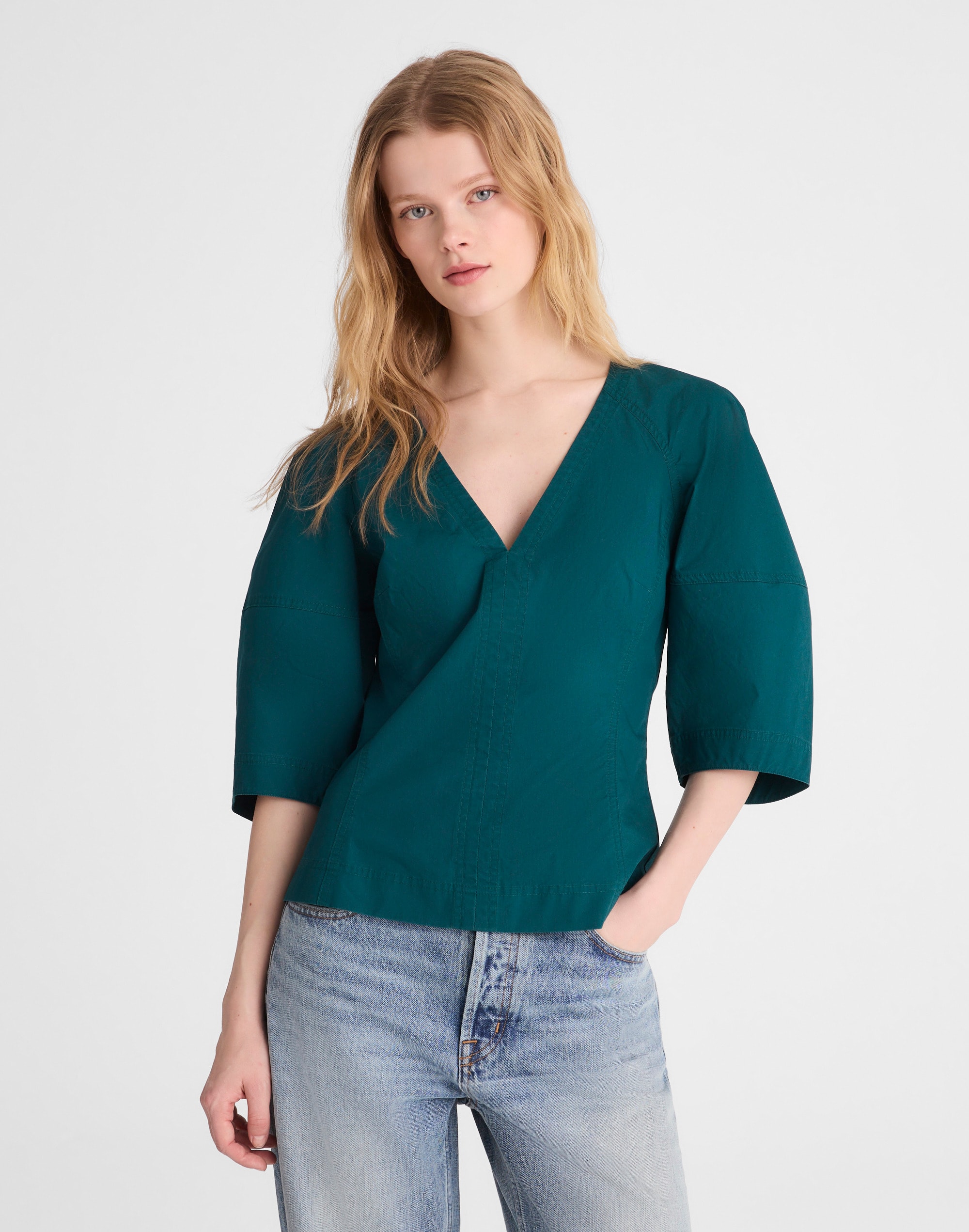 Sculptural V-Neck Top in Poplin