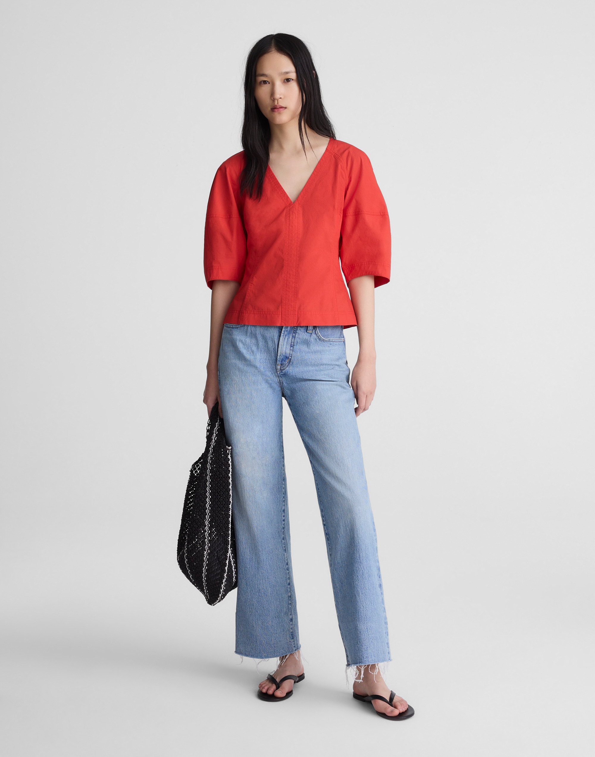 Sculptural V-Neck Top in Poplin