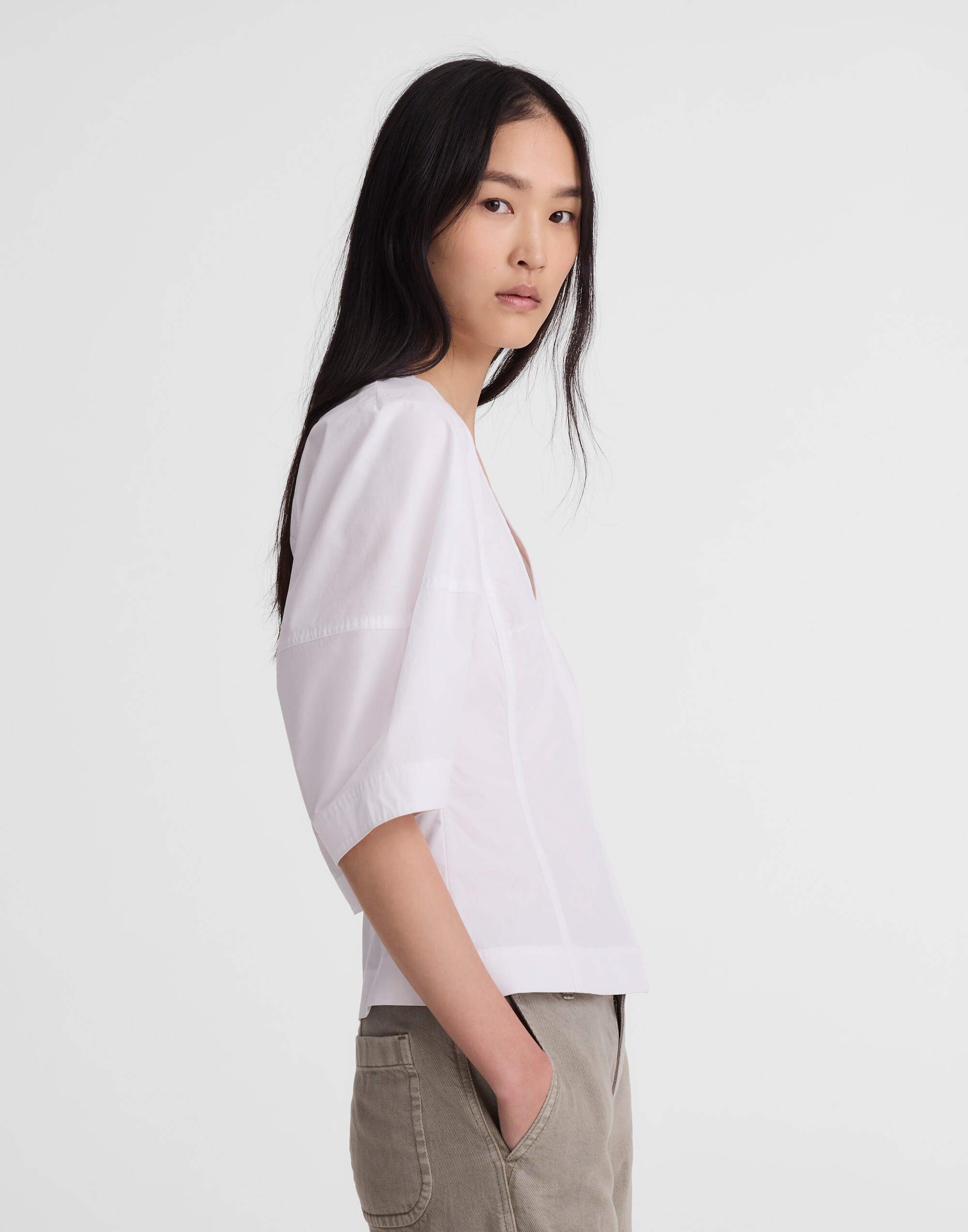 Sculptural V-Neck Top in Poplin