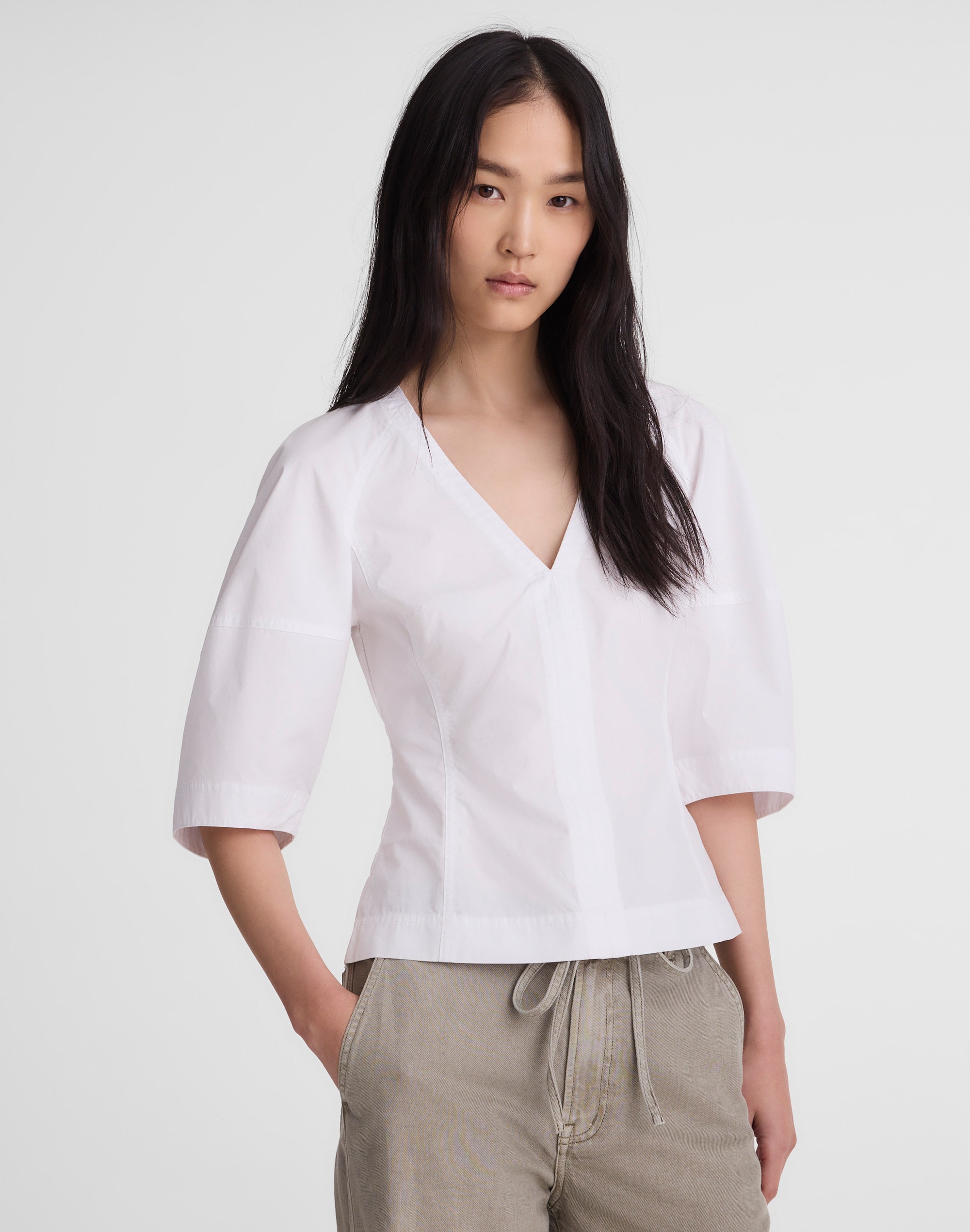 Sculptural V-Neck Top in Poplin