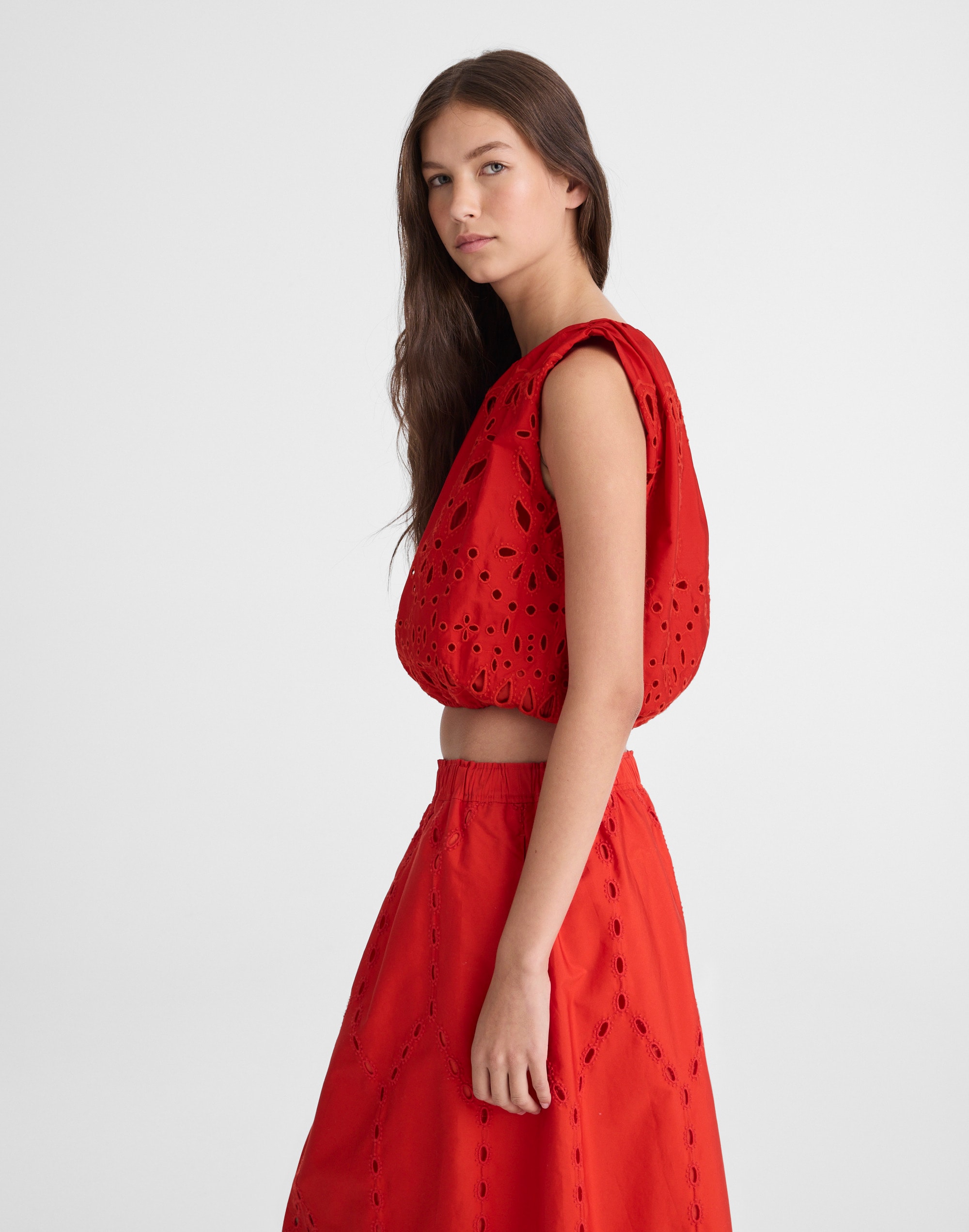 Embroidered Sleeveless Bubble Top in Poplin