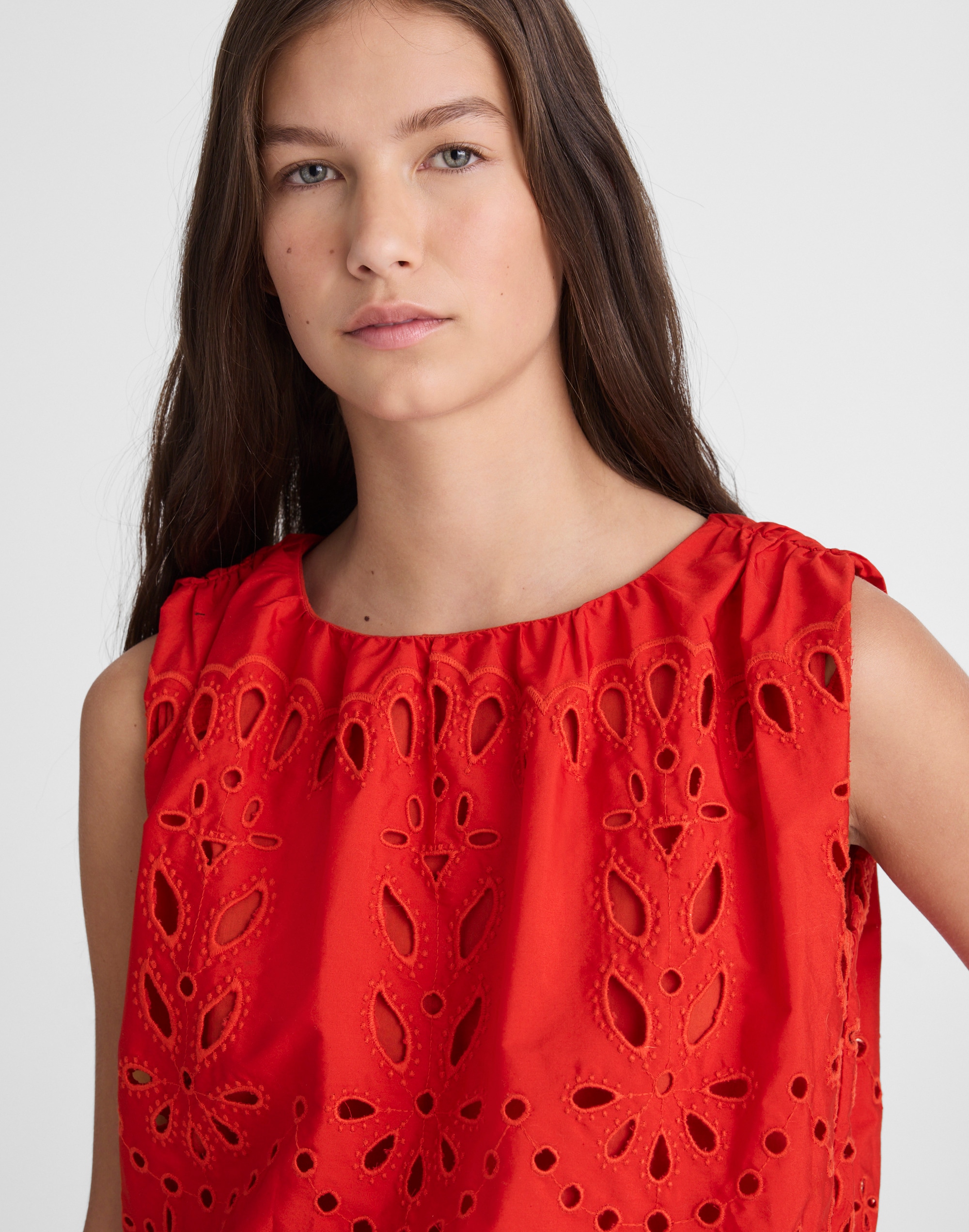 Embroidered Sleeveless Bubble Top in Poplin