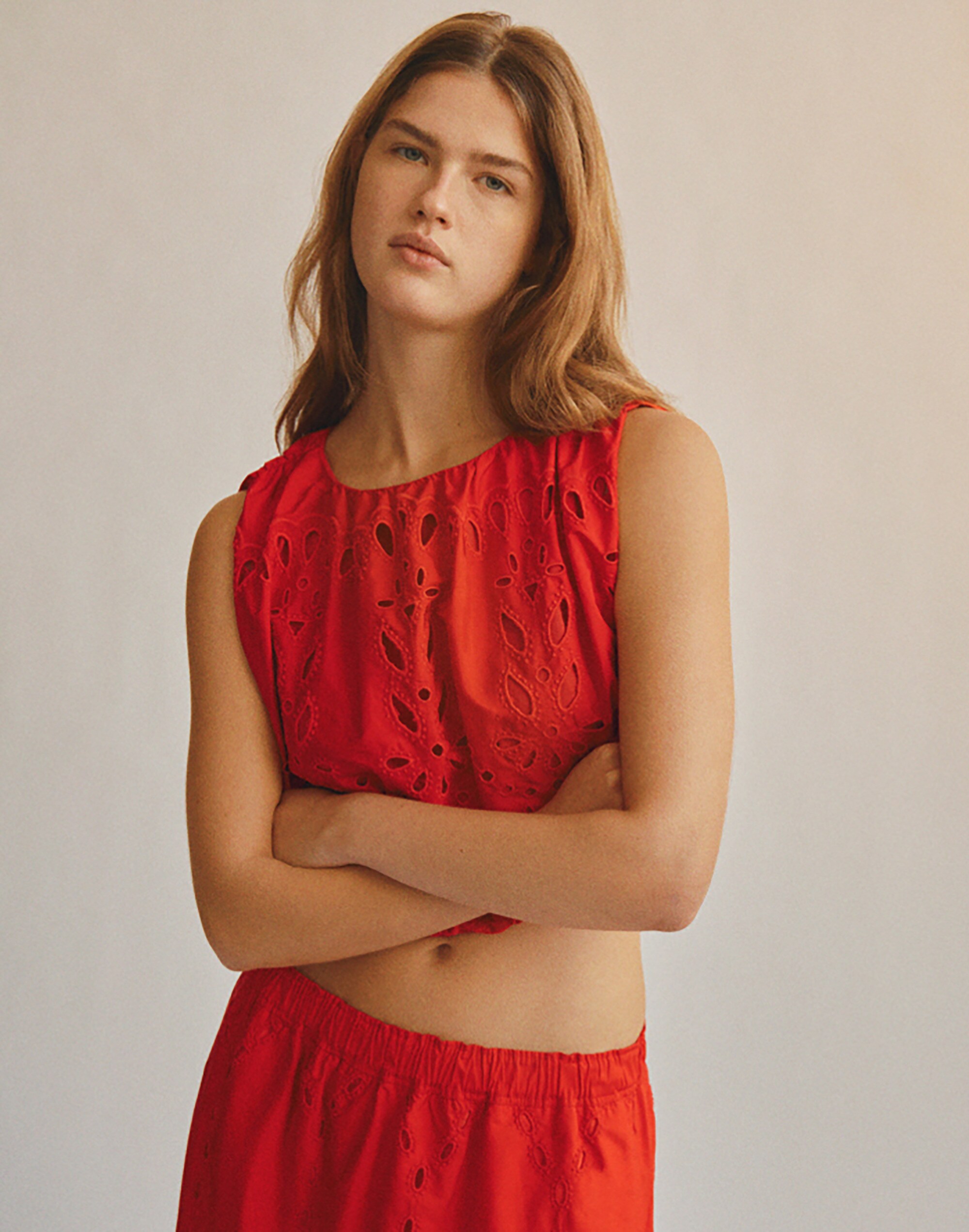 Embroidered Sleeveless Bubble Top in Poplin