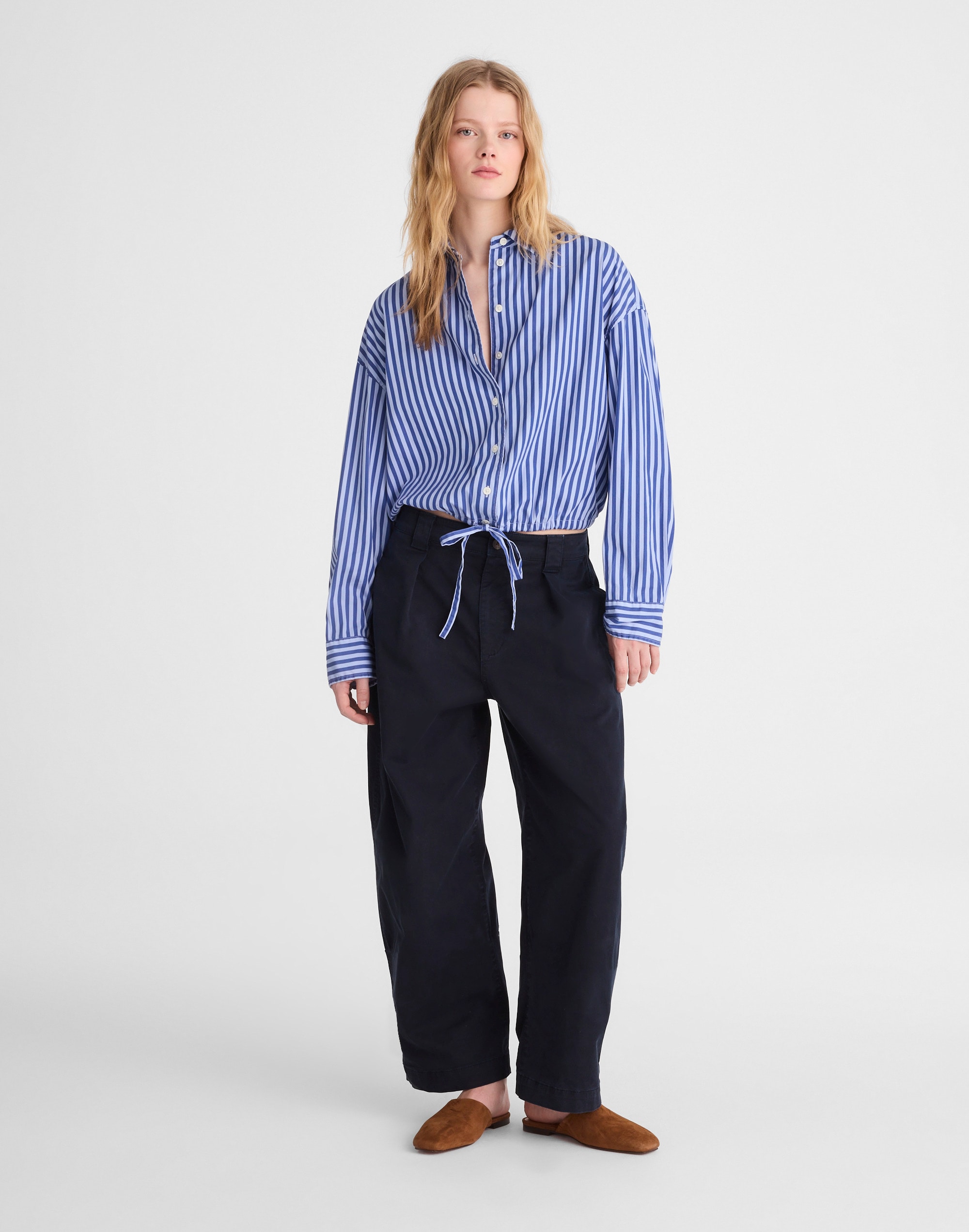 Drawstring Button-Up Shirt in Poplin