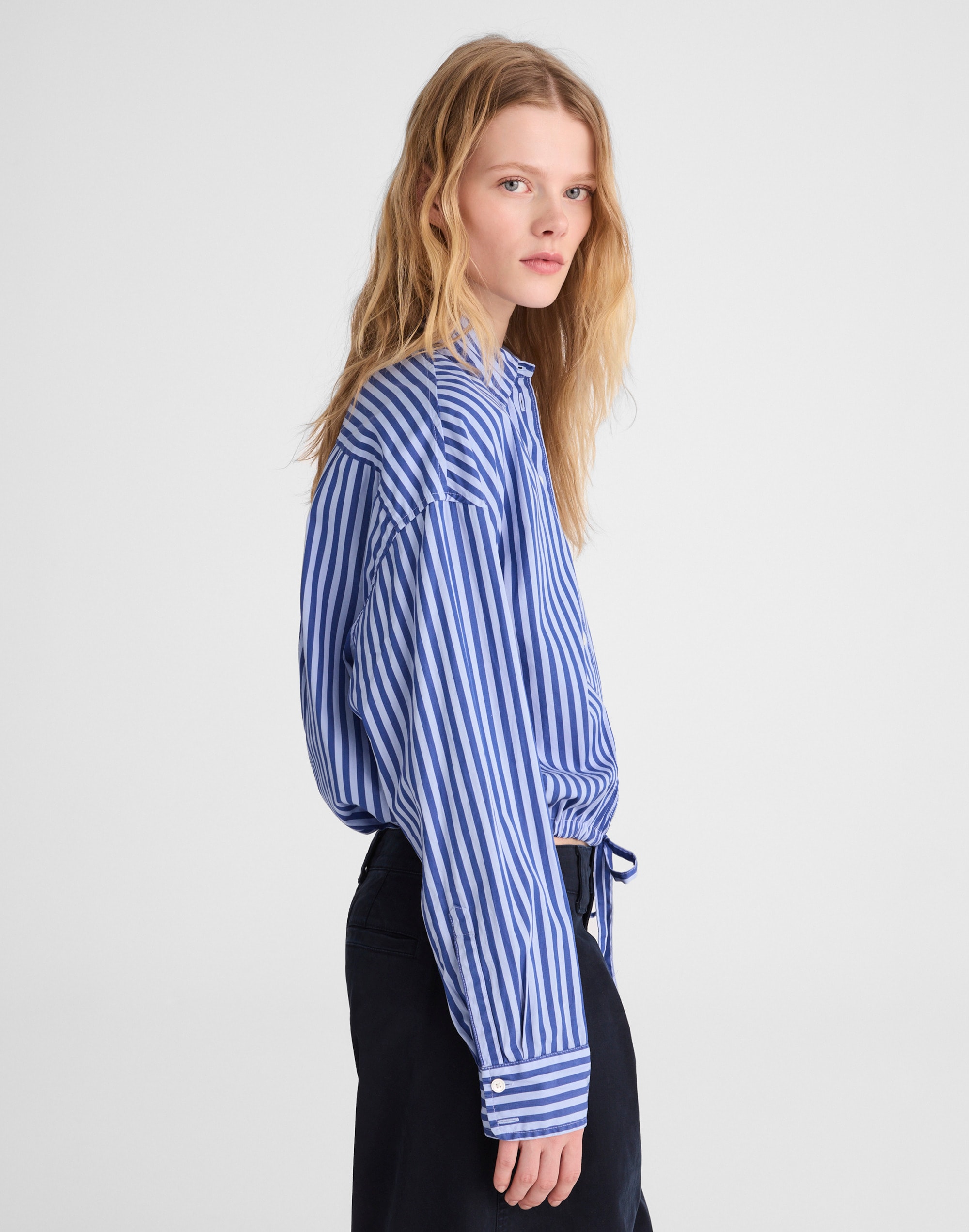 Drawstring Button-Up Shirt in Poplin