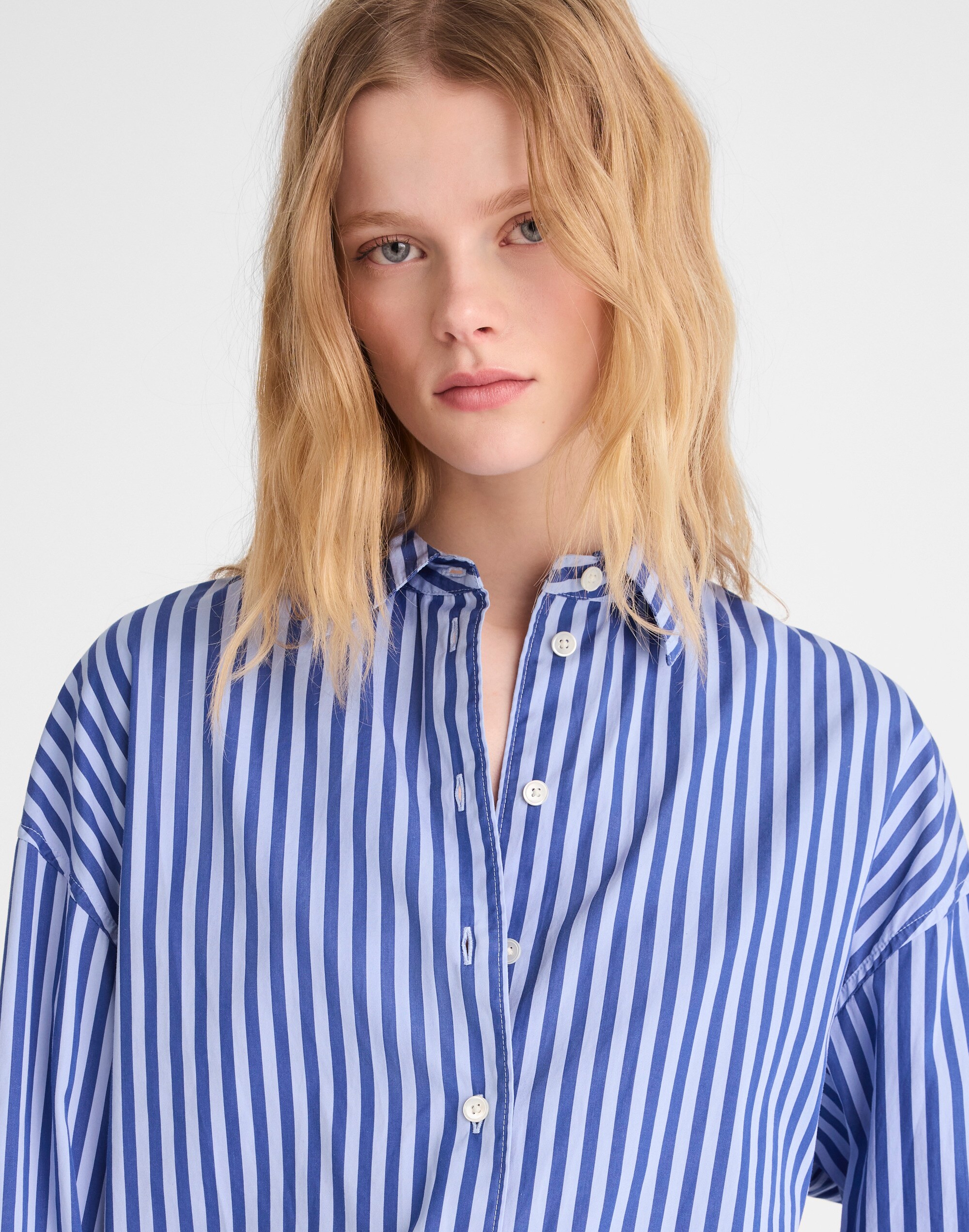 Drawstring Button-Up Shirt in Poplin