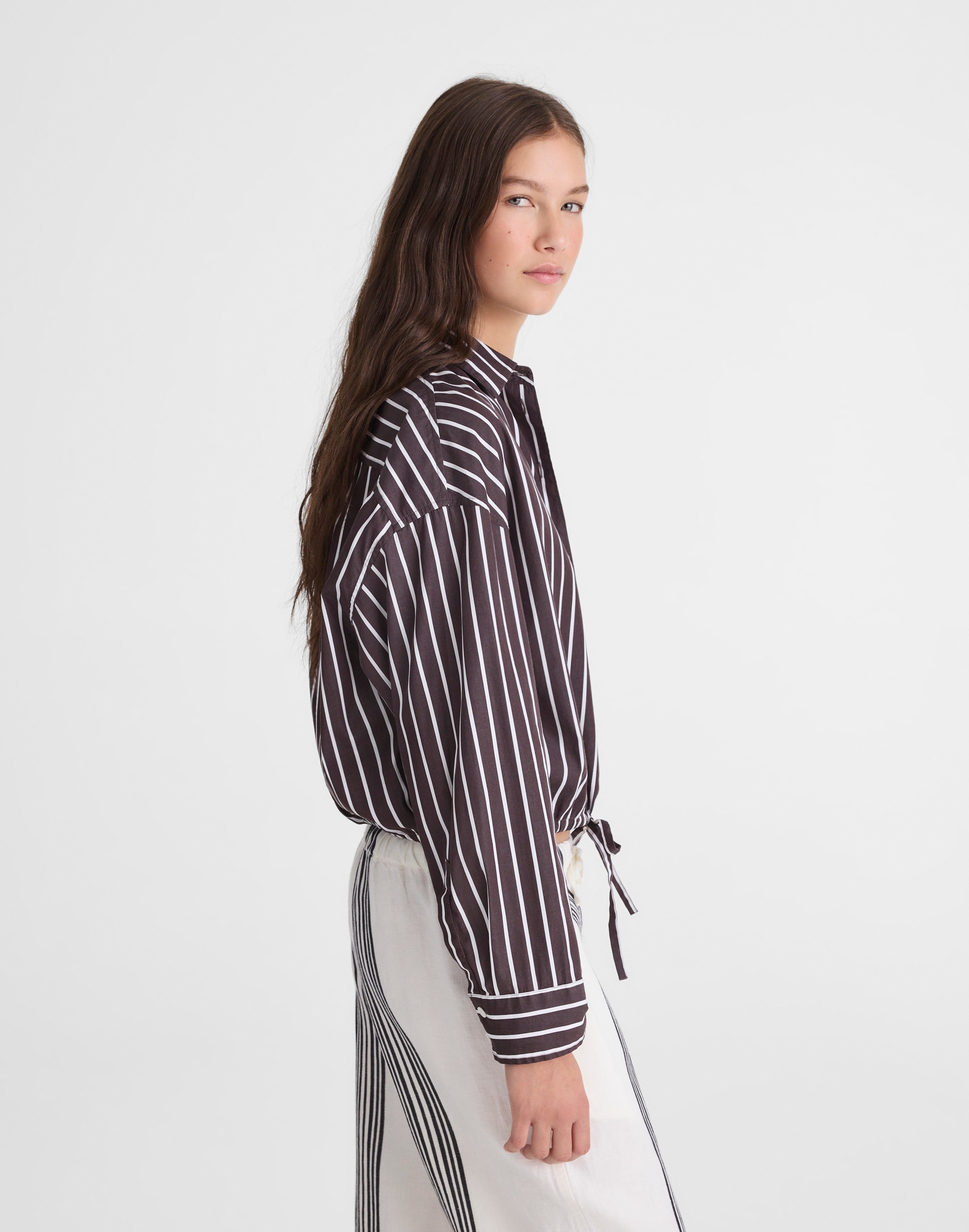 Drawstring Button-Up Shirt in Poplin