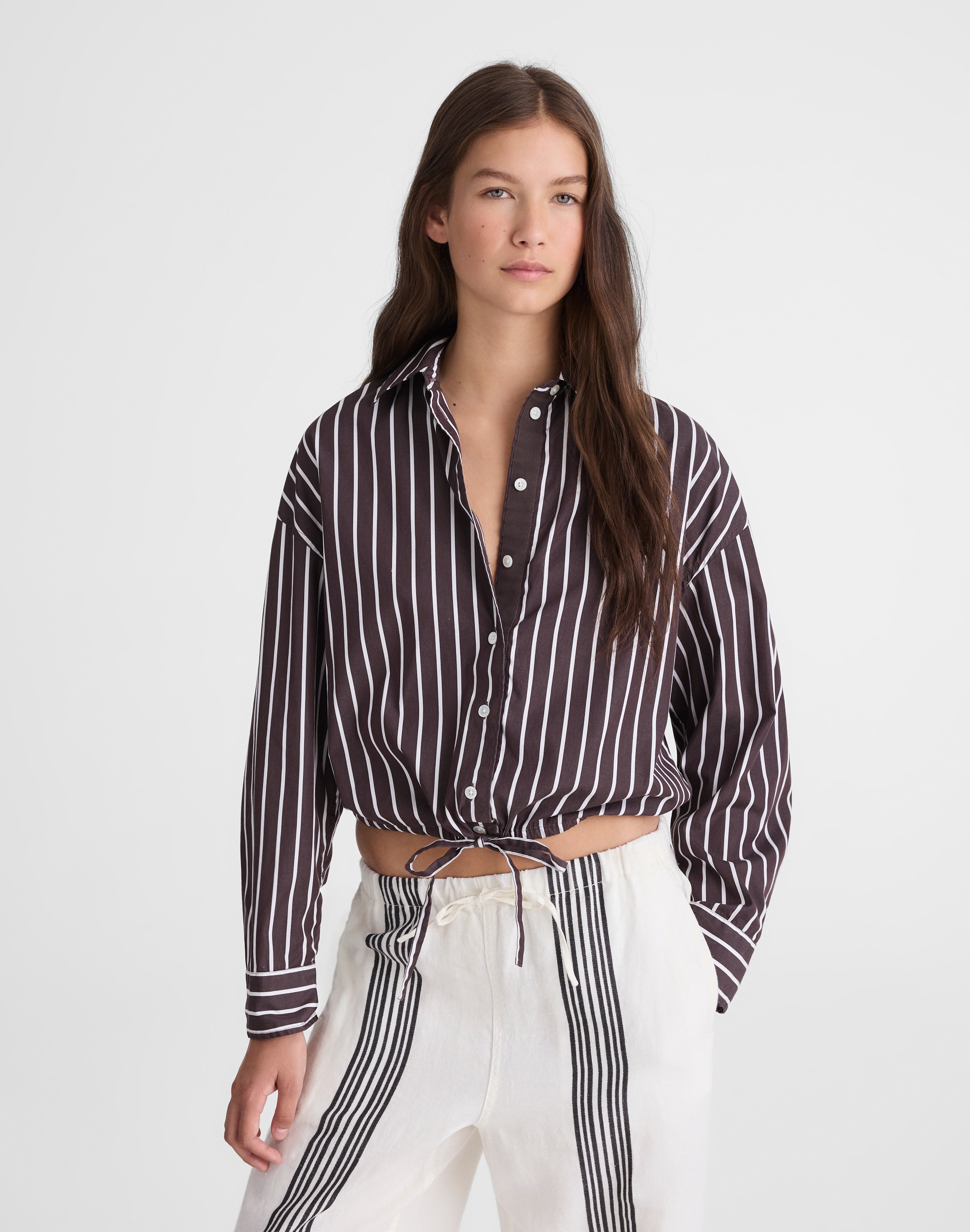 Drawstring Button-Up Shirt in Poplin