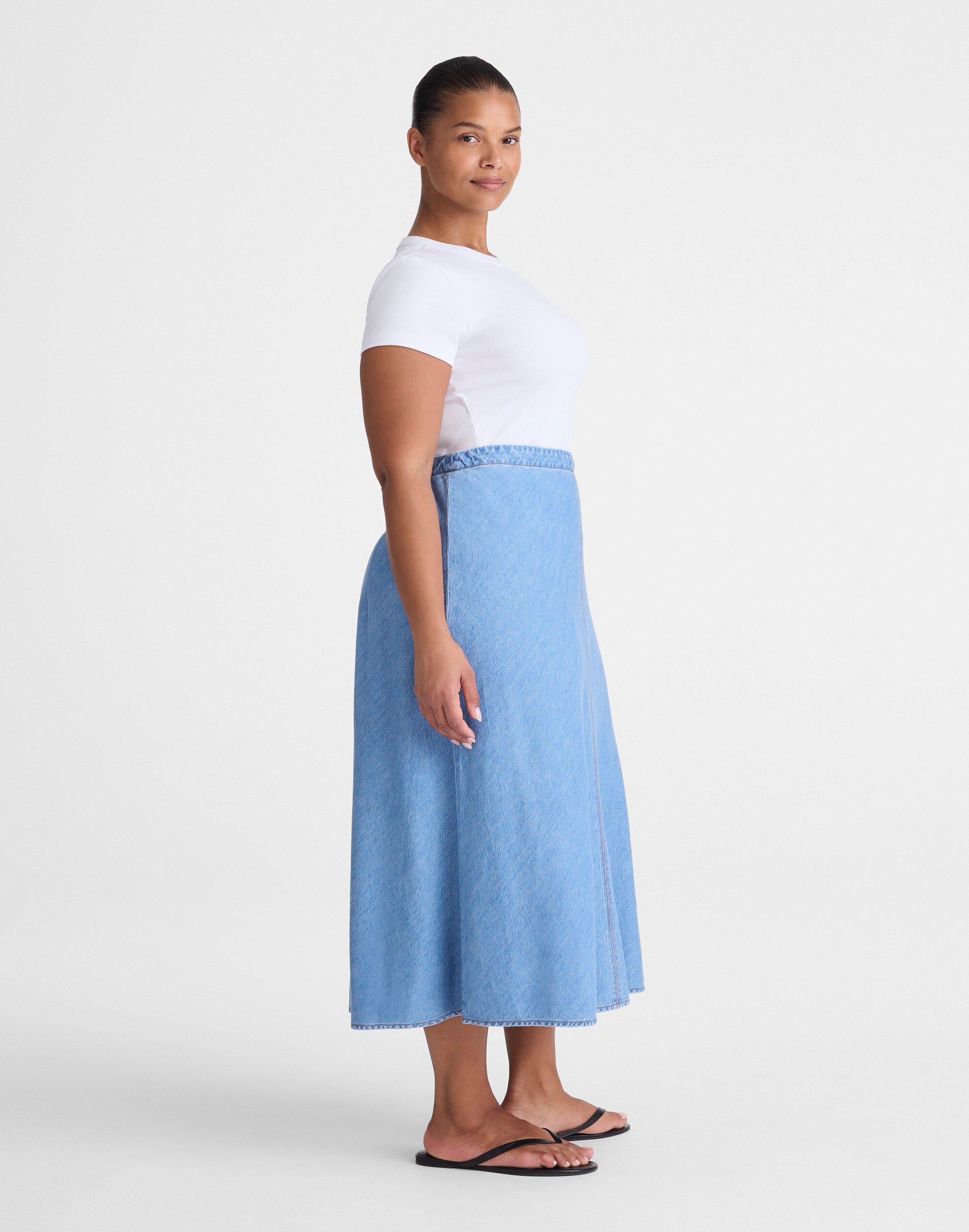Plus Airy Denim Slip Midi Skirt