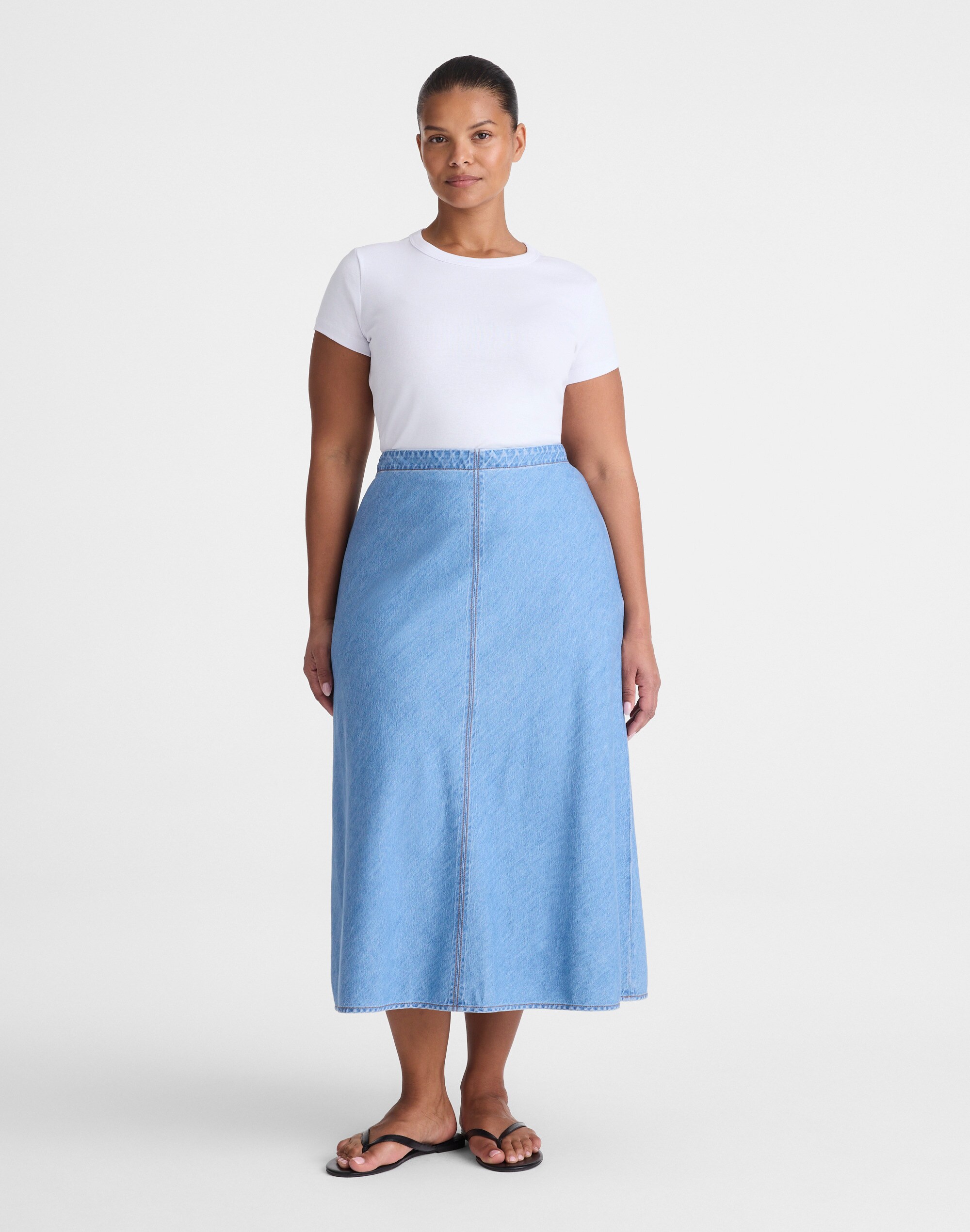 Plus Airy Denim Slip Midi Skirt