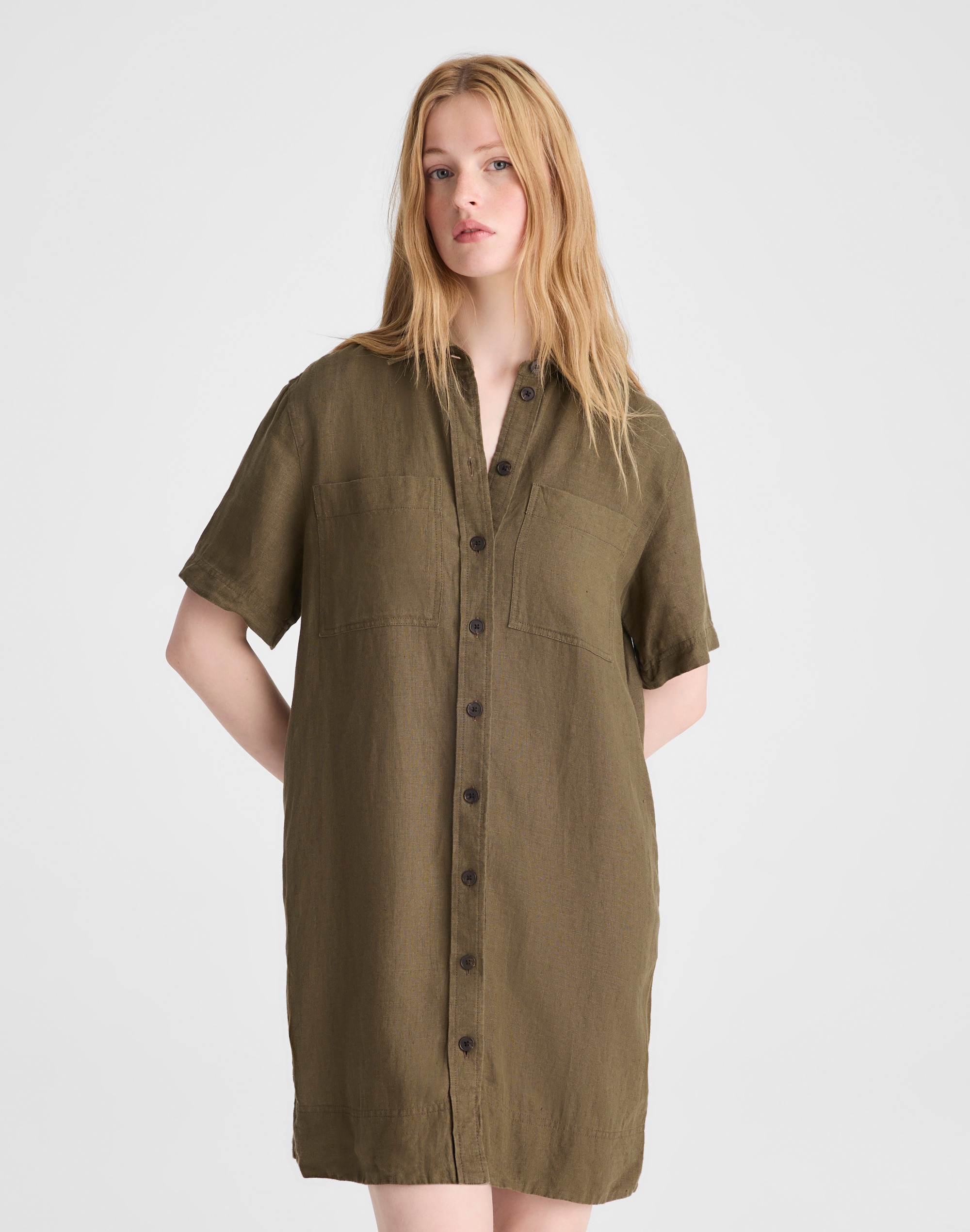 Relaxed Mini Shirtdress in 100% Linen - Green