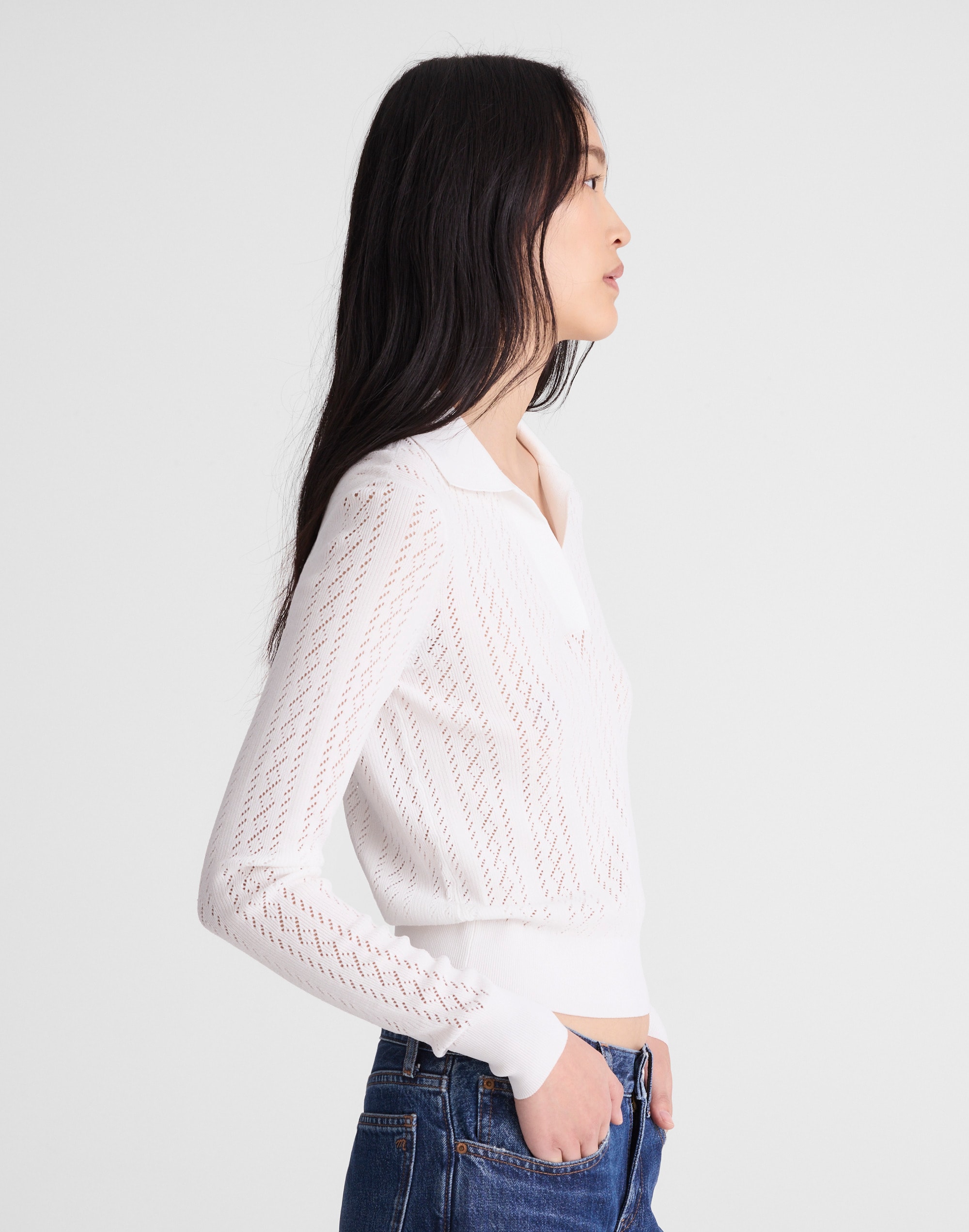 Pointelle-Stitch Polo Sweater