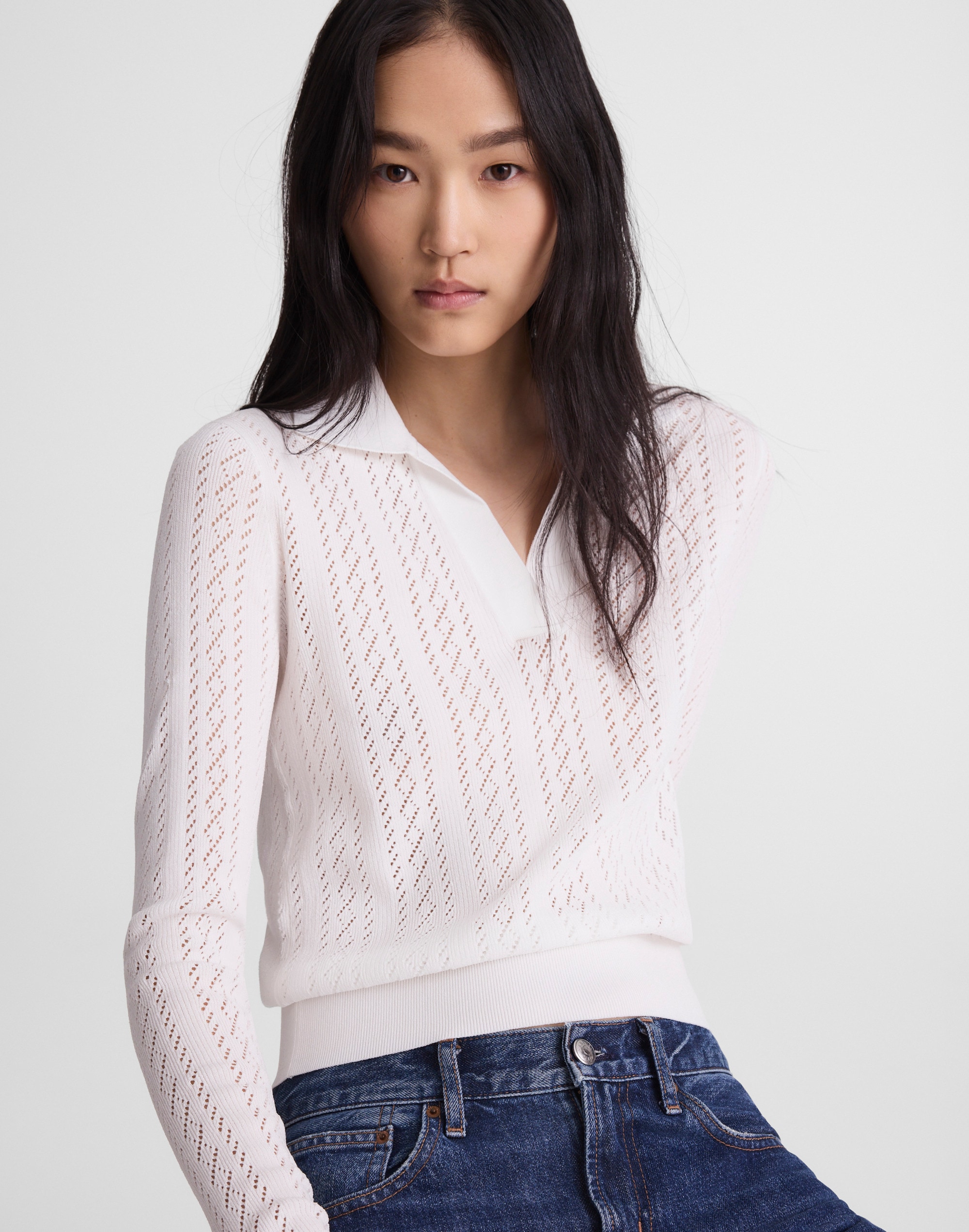 Pointelle-Stitch Polo Sweater