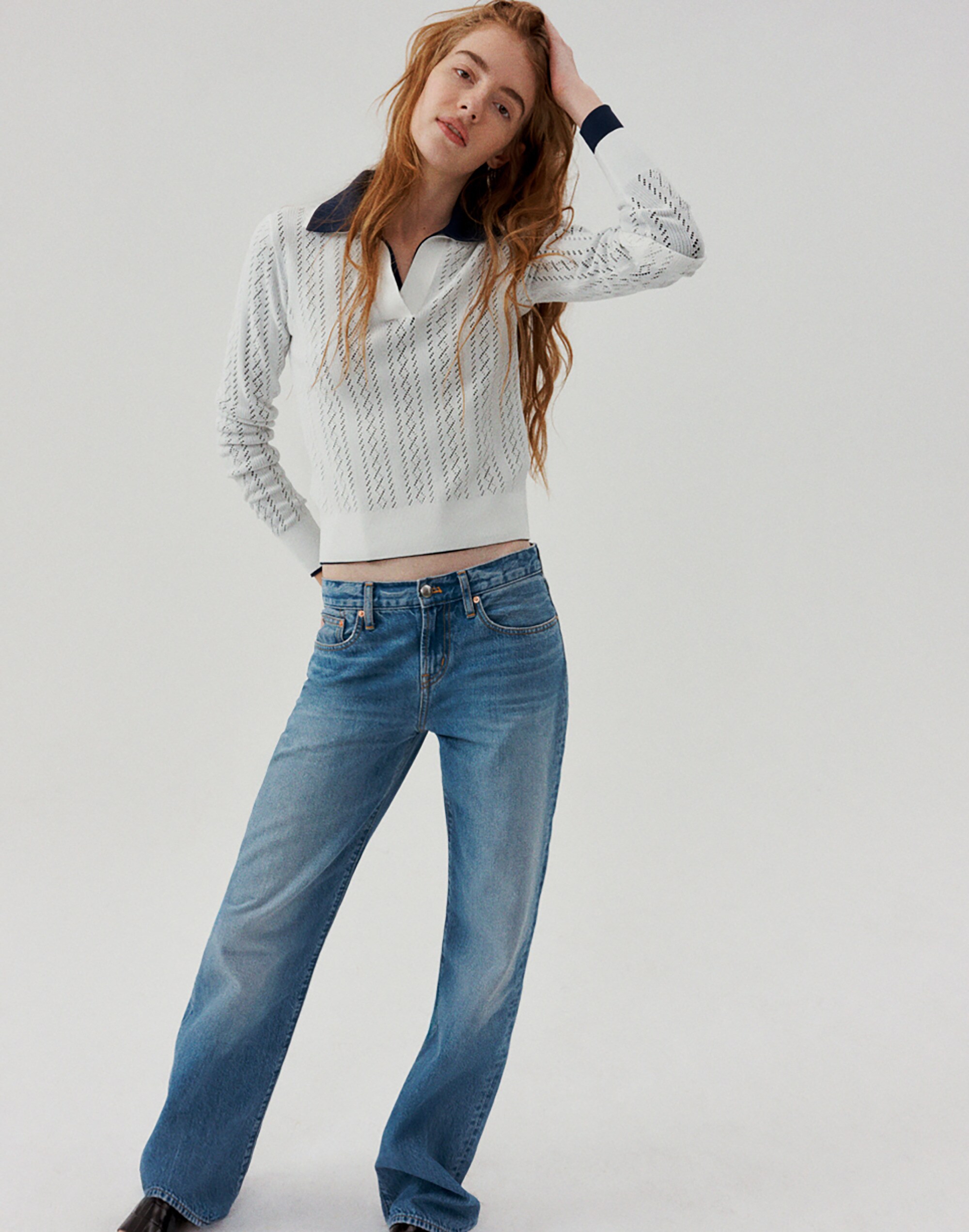 Pointelle-Stitch Polo Sweater