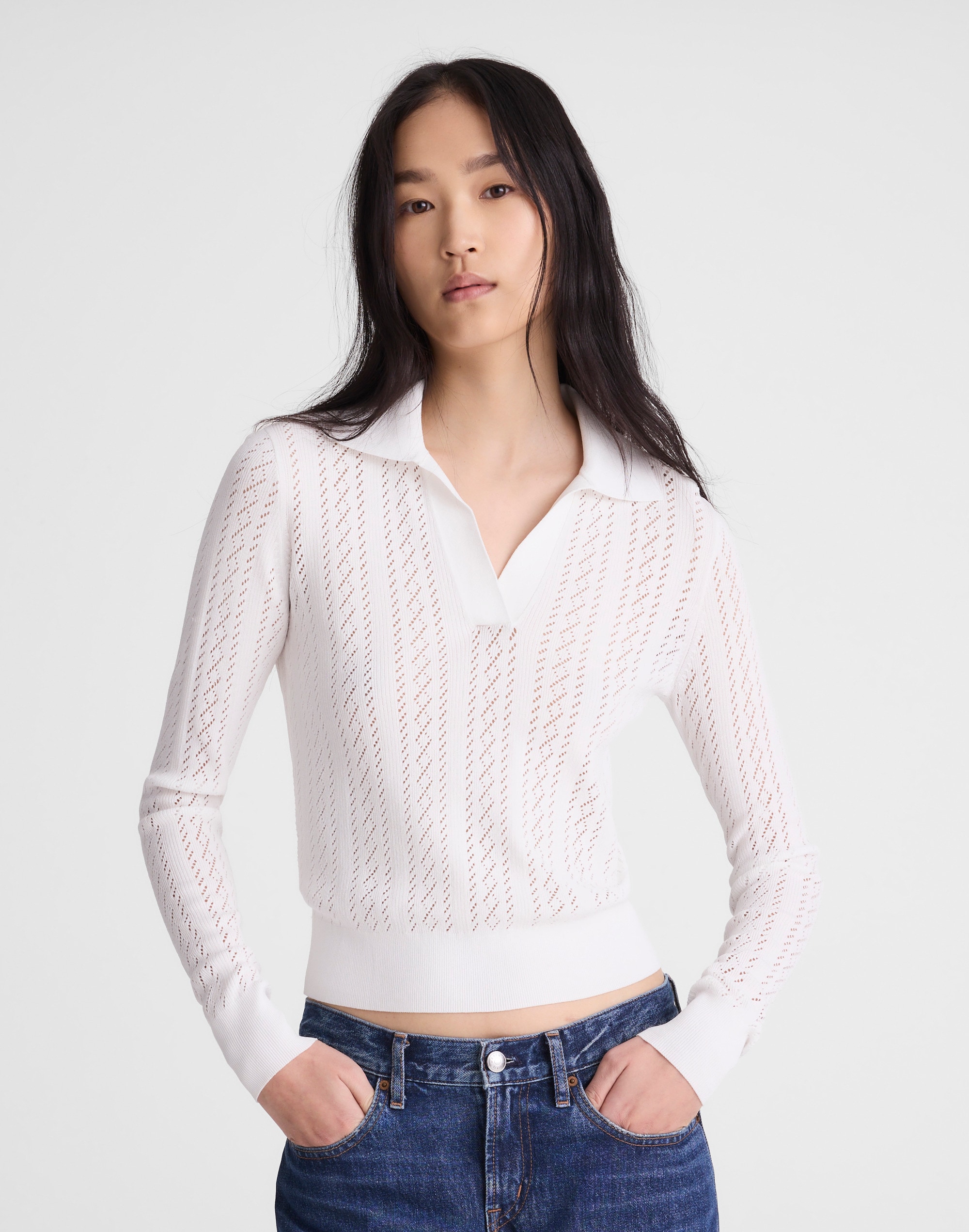pointelle-stitch polo sweater