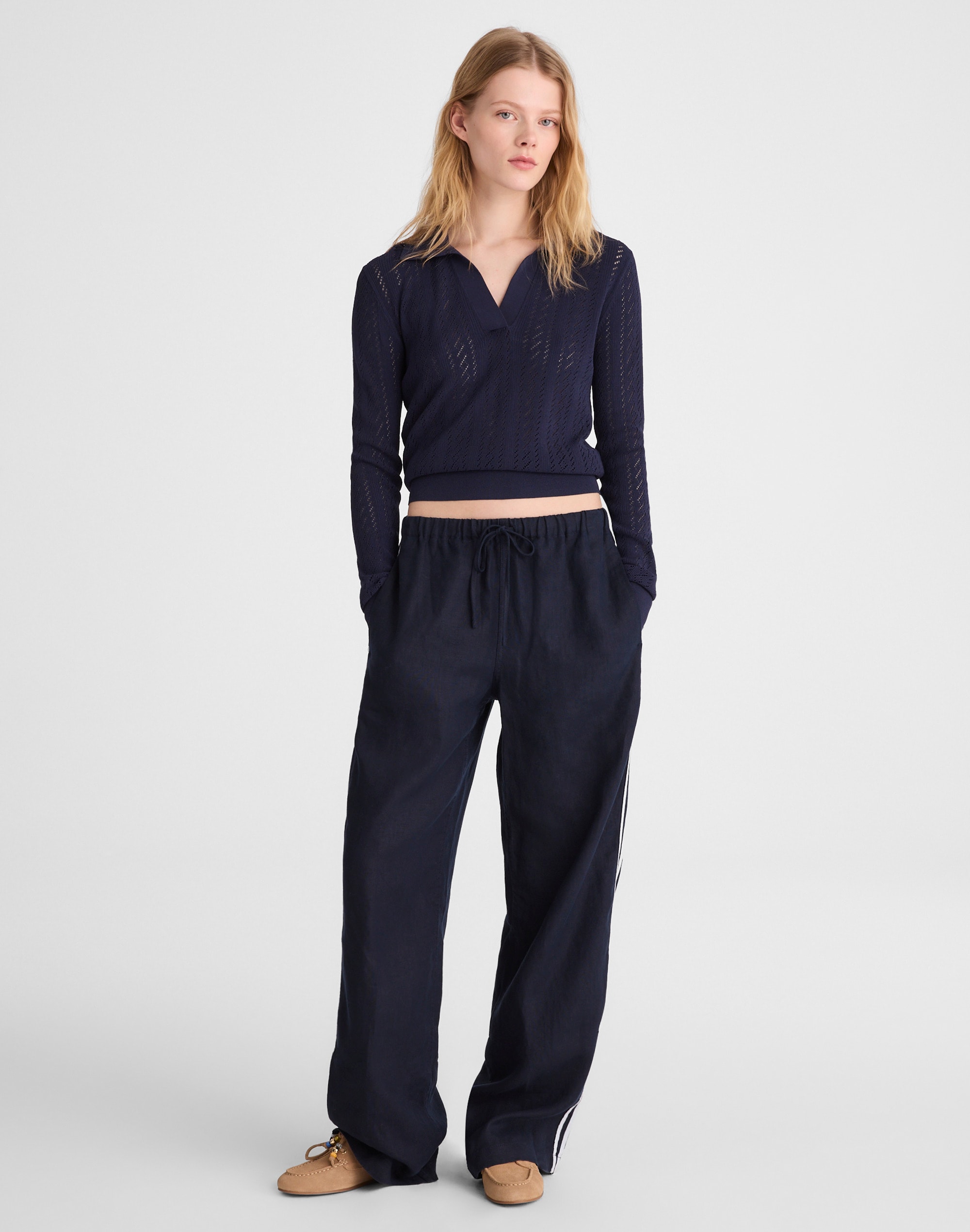 Pointelle-Stitch Polo Sweater