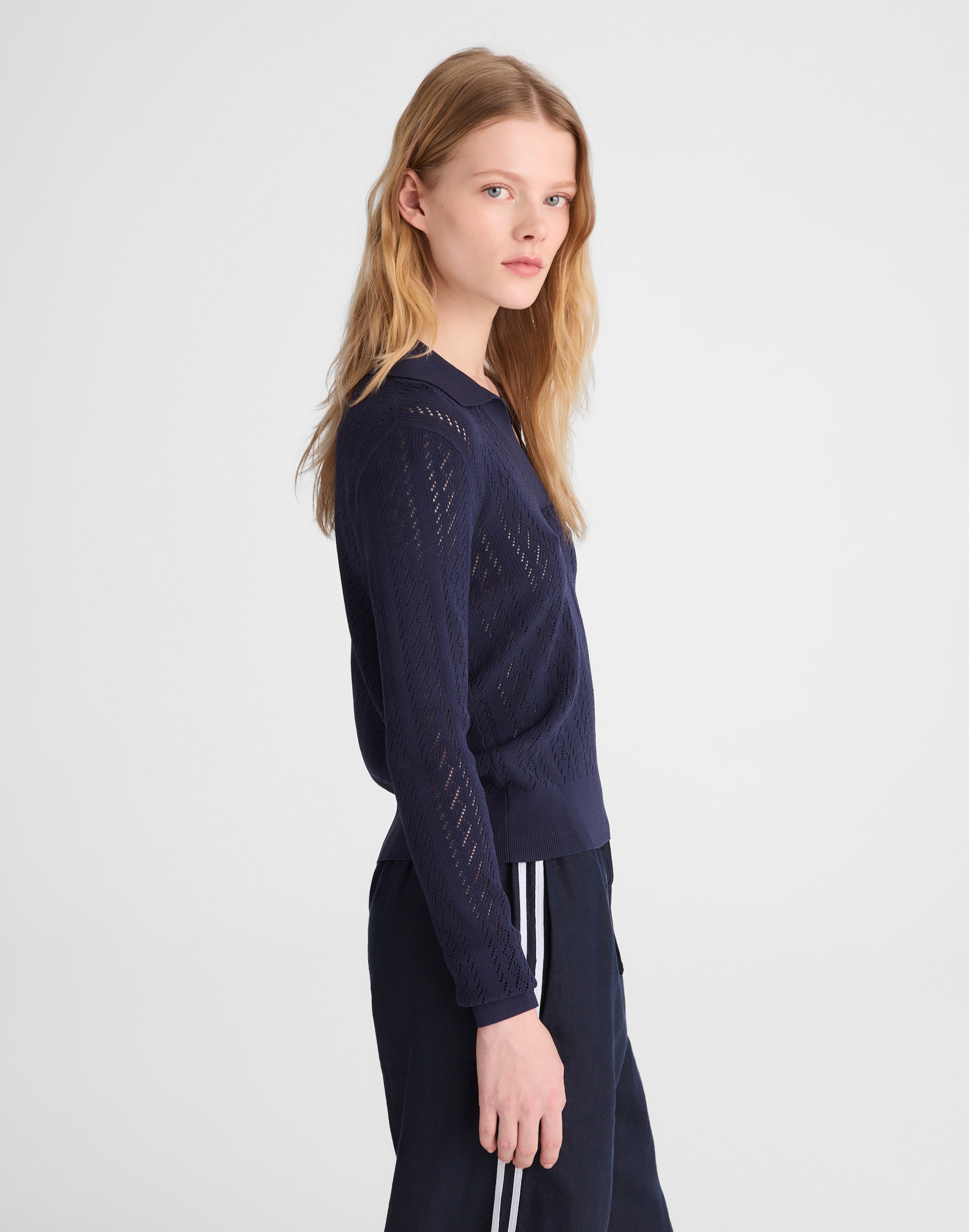 Pointelle-Stitch Polo Sweater