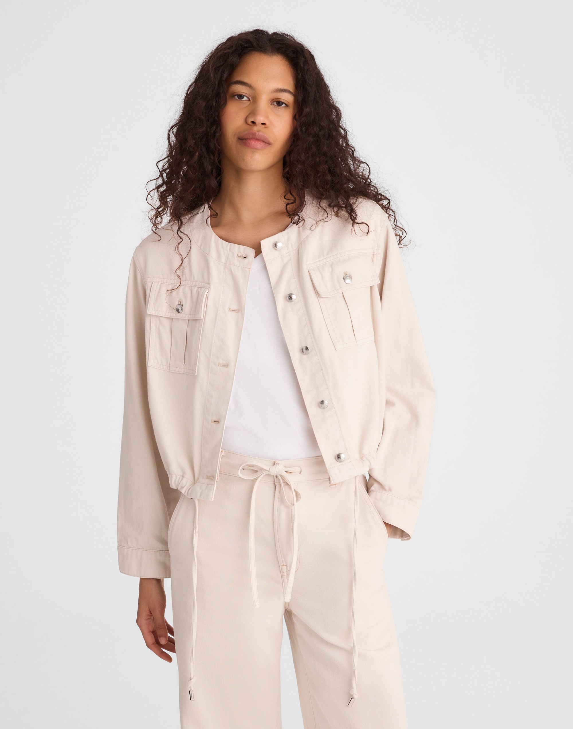 drawstring utility jacket in airy denim