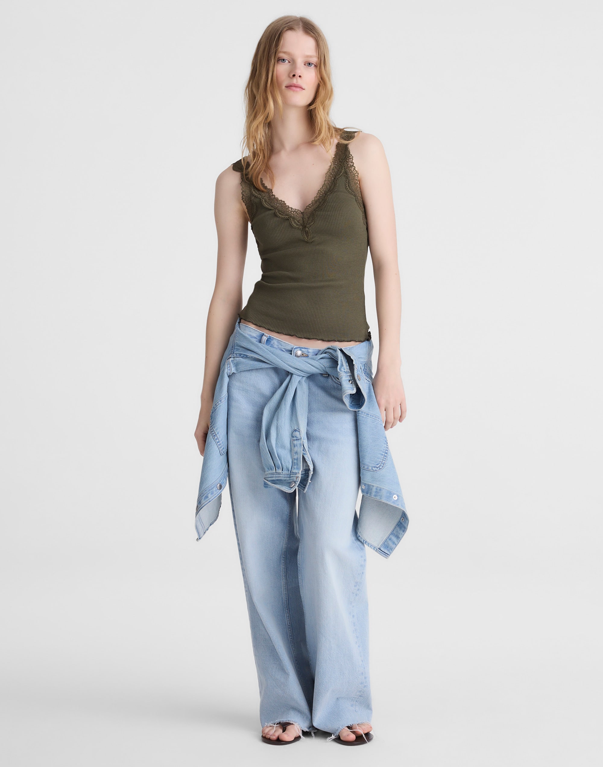 Lace-Trim Ribbed V-Neck Tank